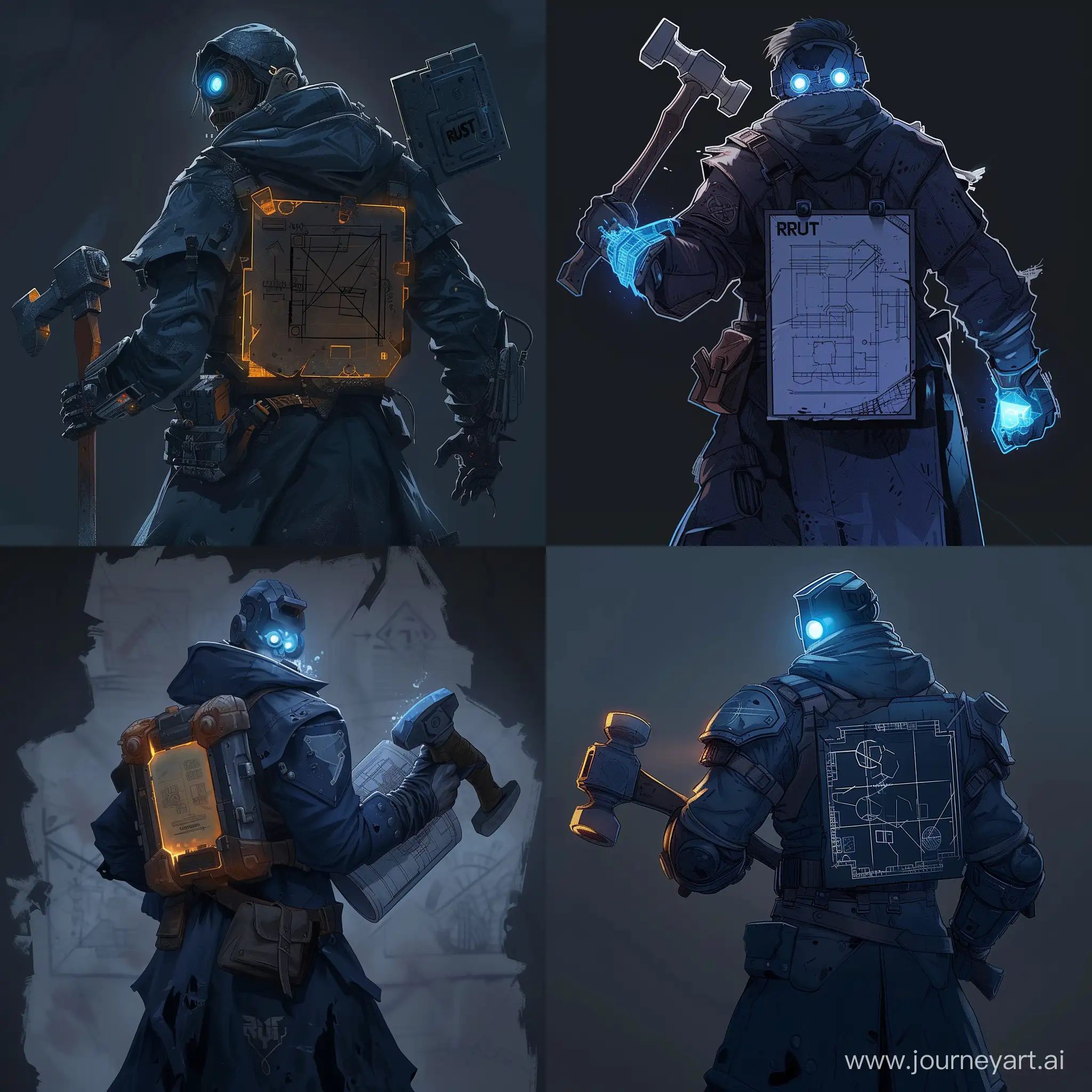  character from game "RUST" dressed in a dark-blue uniform and holding hammer in hands, has glowing eyes, and a long jacket, there is a blueprint on the back of him.