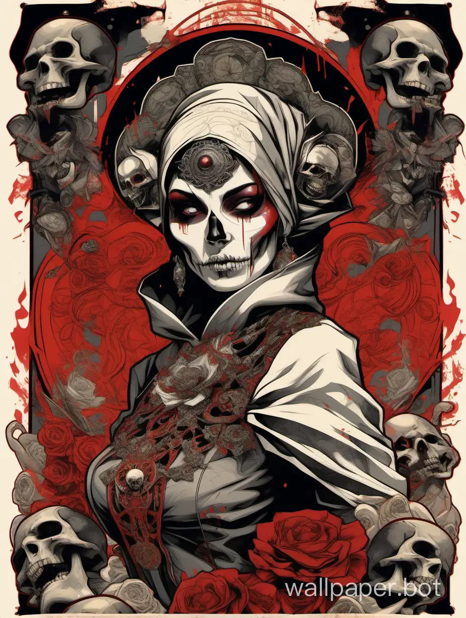 skull nun face,  odalisque, sexy smiling, chaos ornamental, short hair, darkness, explosive hairstyle, assymmetrical, Japanese modern poster, torn poster edge, Alphonse Mucha hyperdetailed, high contrast, black, white, red, gray, dramatic tones, explosive dripping colors,