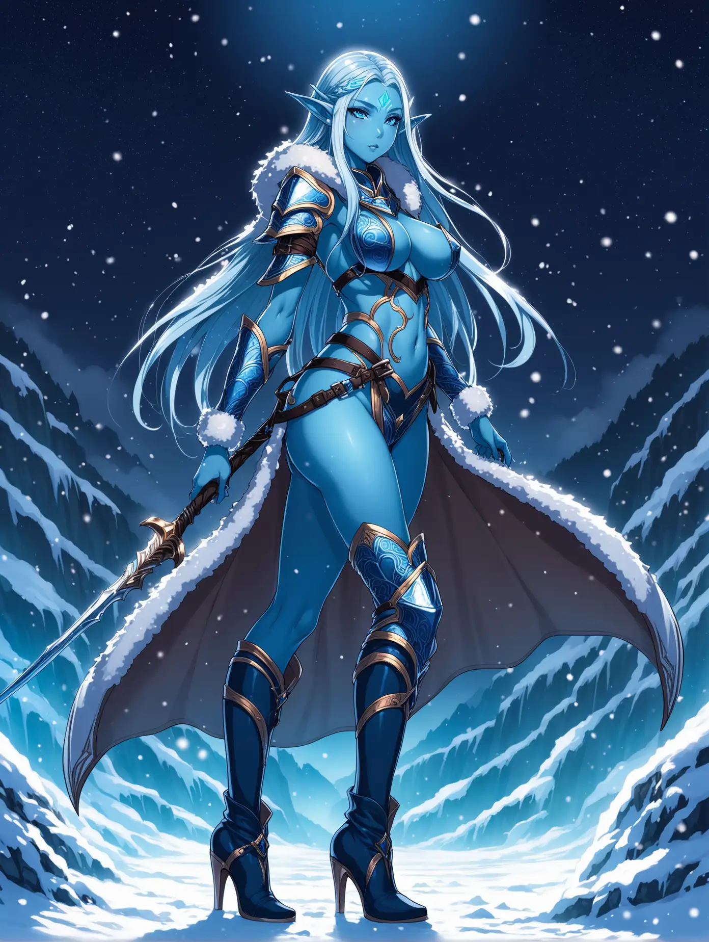 Sensual picture of a hot night elf anime girl, age 25, blue skin, warrior, tall, big ass, epic winter outfit, wearing high heels boots