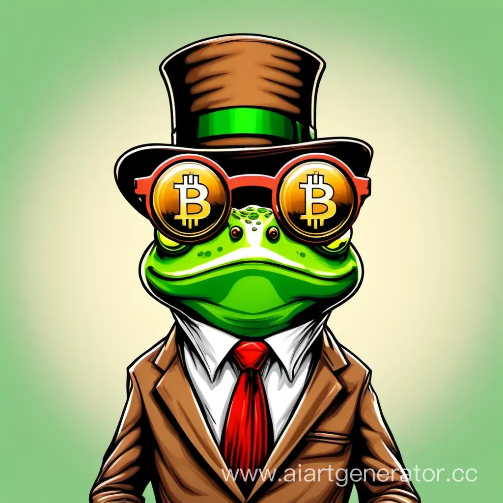 Frog-Wearing-Stylish-Brown-Hat-and-Green-Glasses-with-Bitcoin-and-Red-Tie