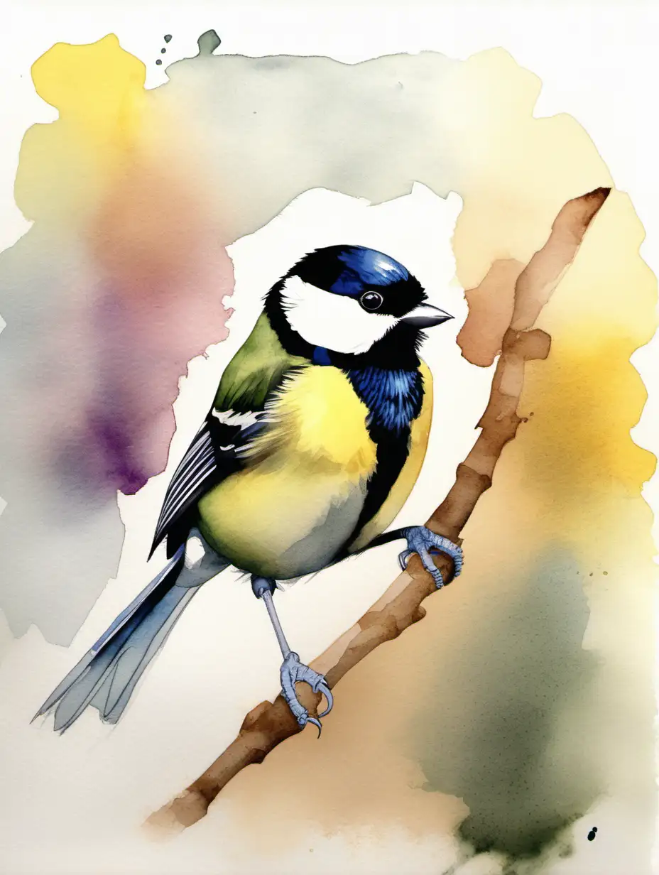 Realistic Watercolor Painting of a Great Tit Bird with Accurate Markings and Colors