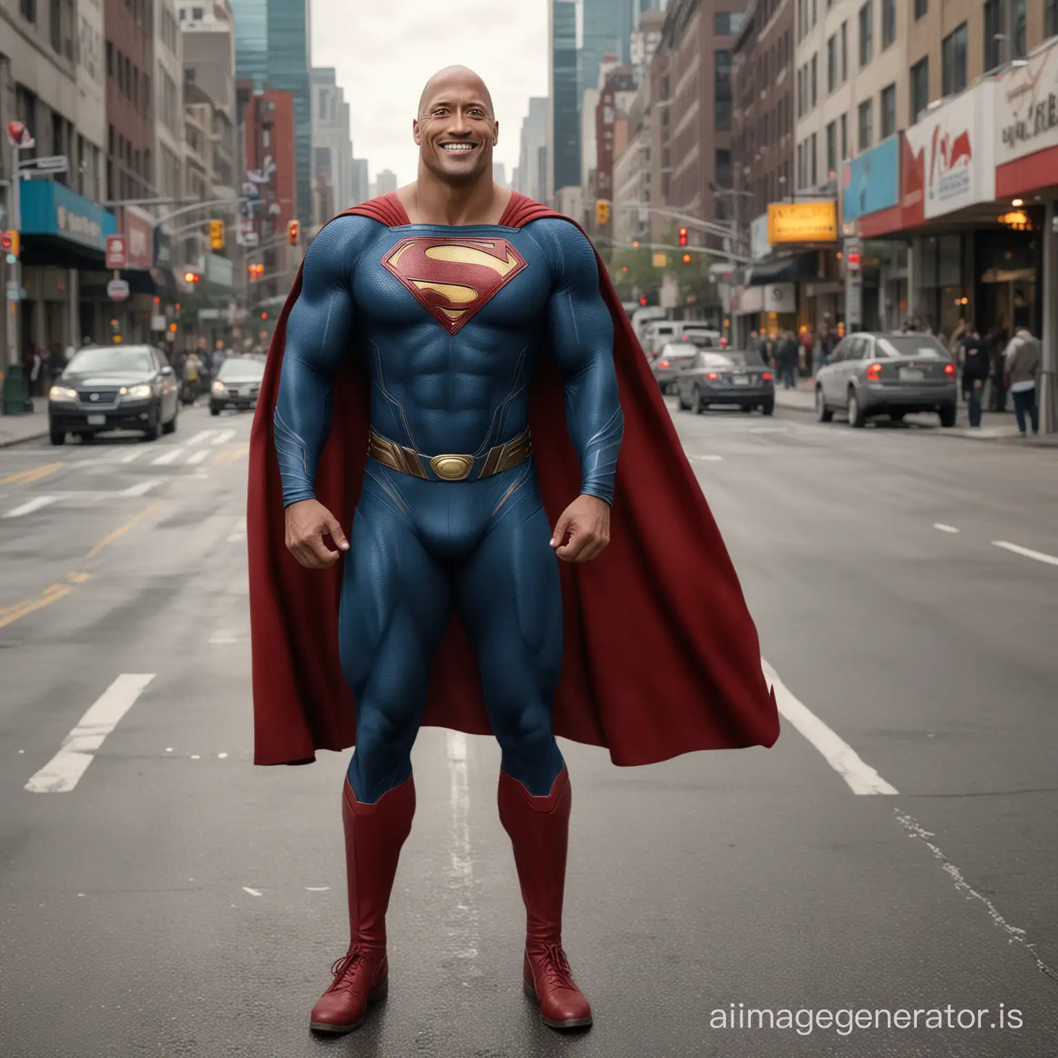Dwayne Johnson, Superman suit, no mask, smiling, semi-full body, photorealistic, 18K, hyper-detailed, blurry Canada street background