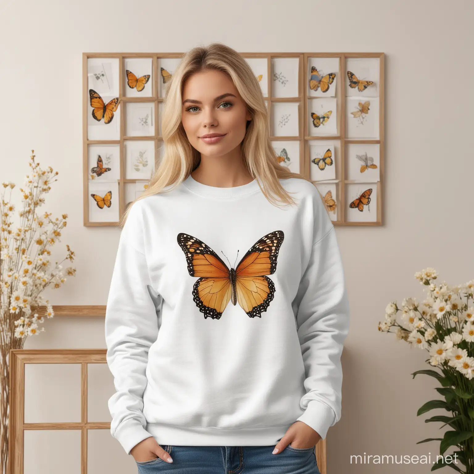 White Sweatshirt mockup, Blonde lady wearing blank Gildan 18000 sweatshirt, standing front on to camera, picture frames of butterflies and flowers on the wall in the background 
