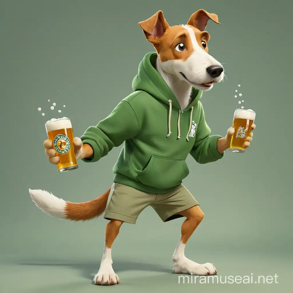 Caricatura de perro Foxterrier vestido con sudadera verde y pantalón corto erguido a dos patas como un hombre con una cerveza en la pata brindando 