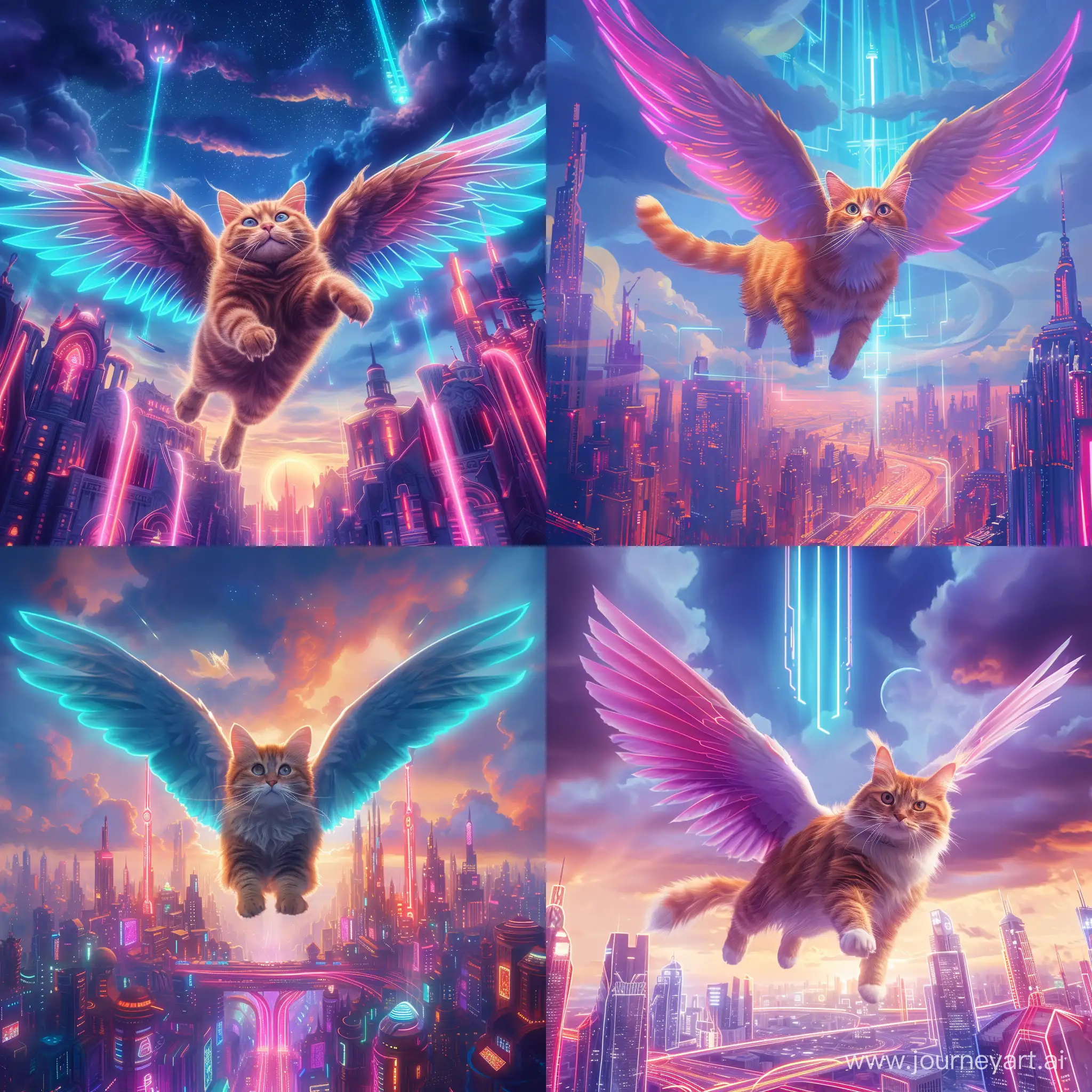 A cat with big wings flies over a fantastic city in the sky, neon style
