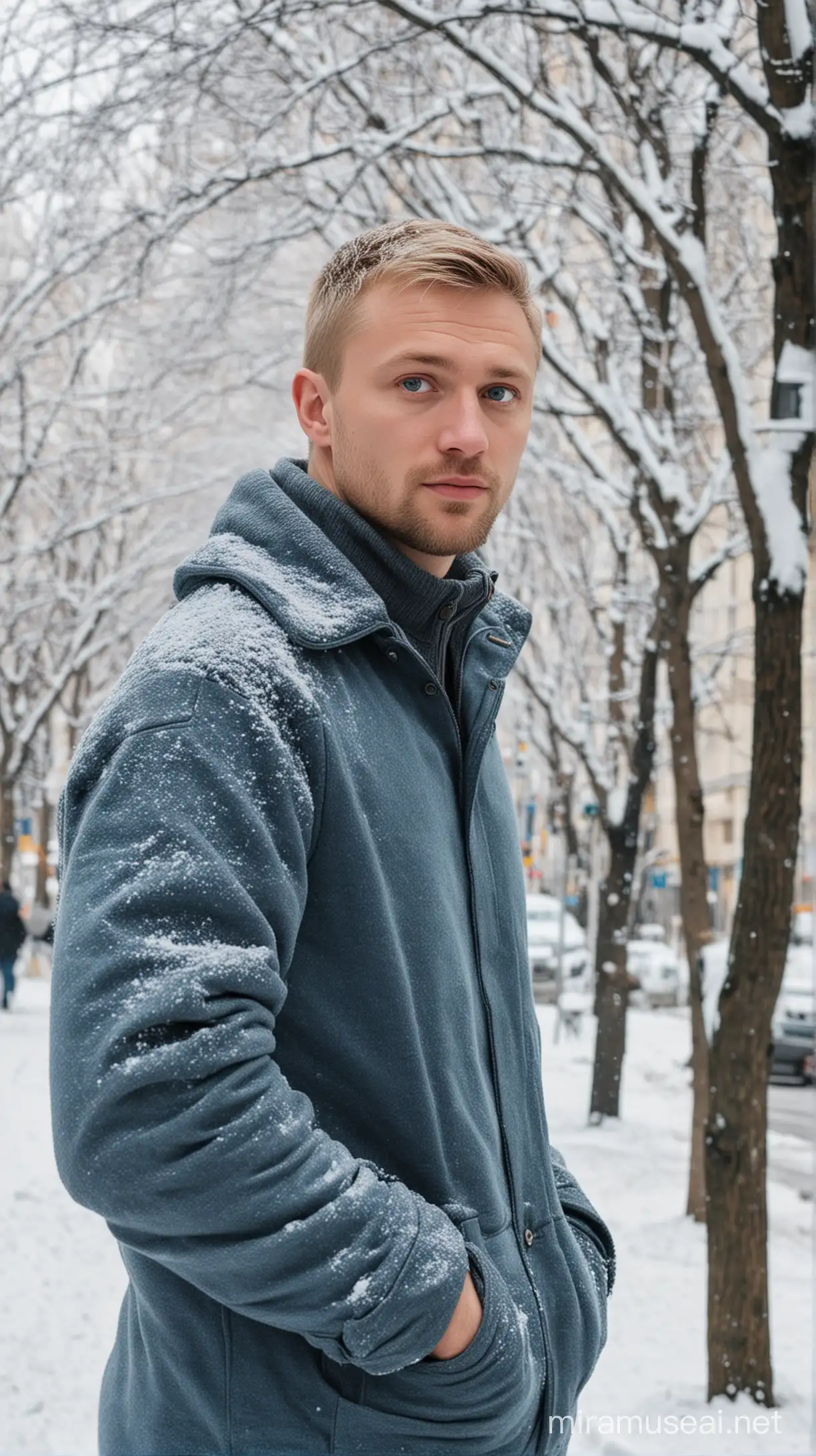 Blonde Man Standing in Moscow Winter Snowscape