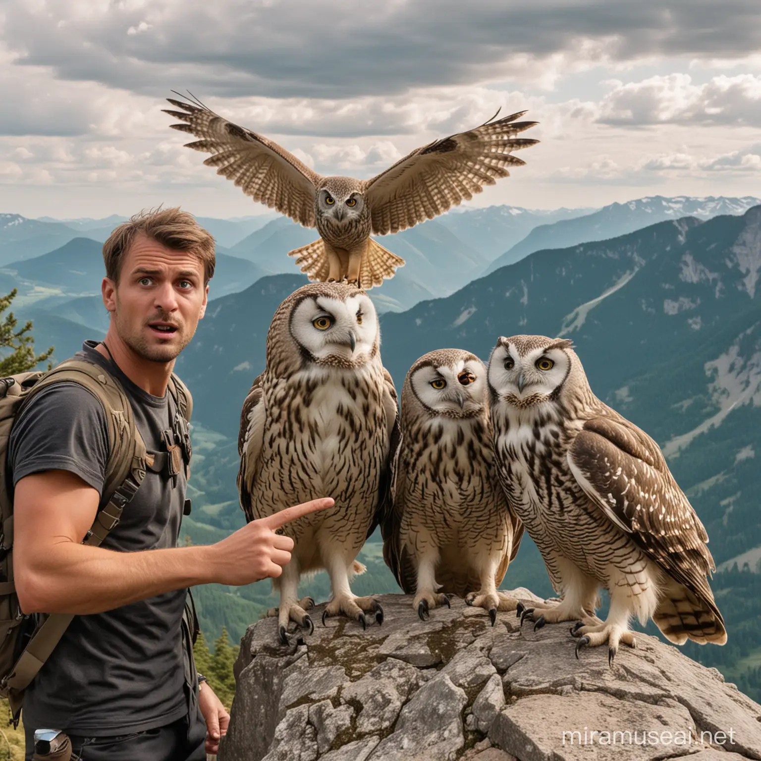 Two confused germans pointing at an owl on a mountain top
