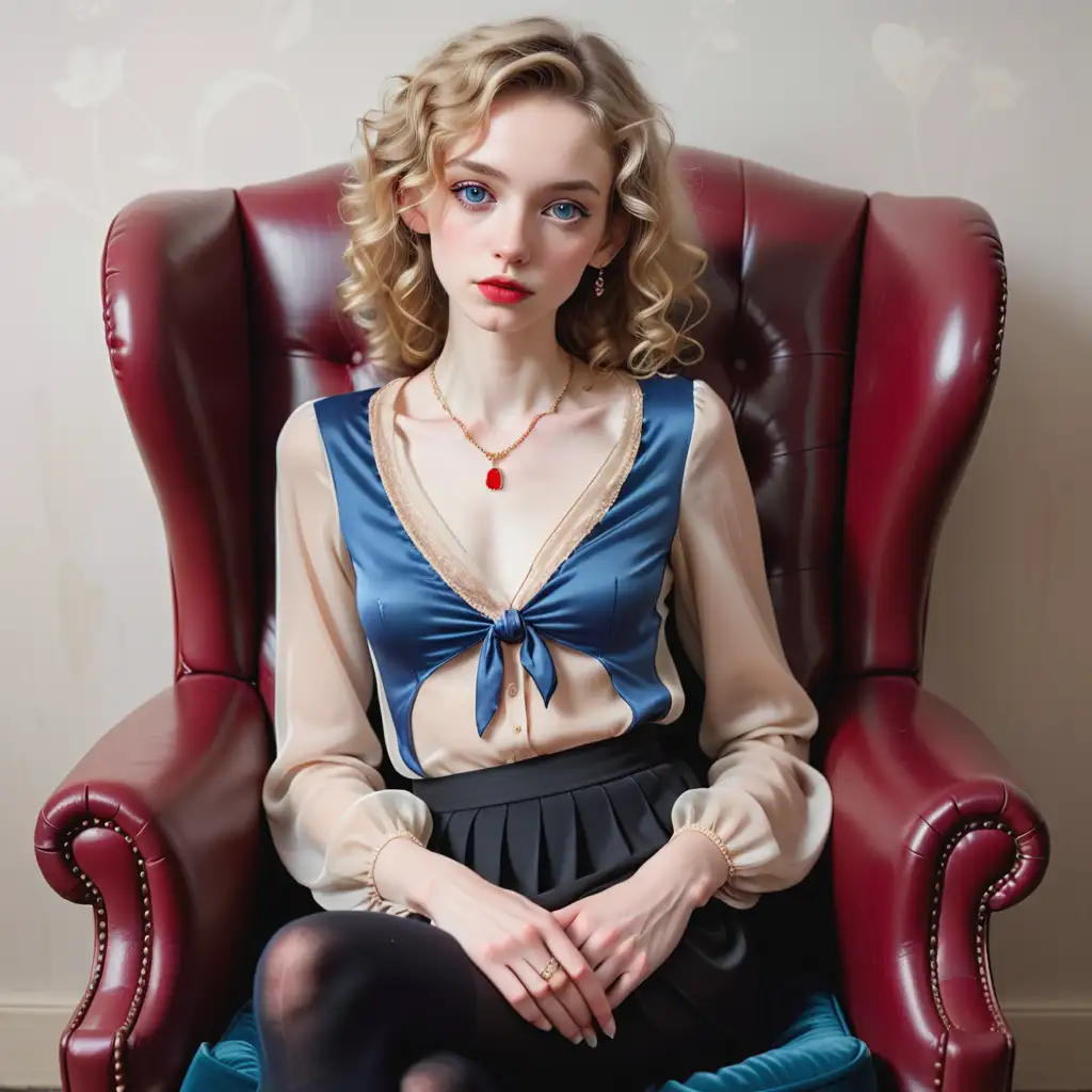 An anorexic, petite and sickly lady in her 30s, with an emaciated face, asleep in an armchair, wearing a blouse, a black skirt, tights and high heels, delicate jewelry, with blond curly hair, large blue eyes and red lips, looking very pale and vulnerable