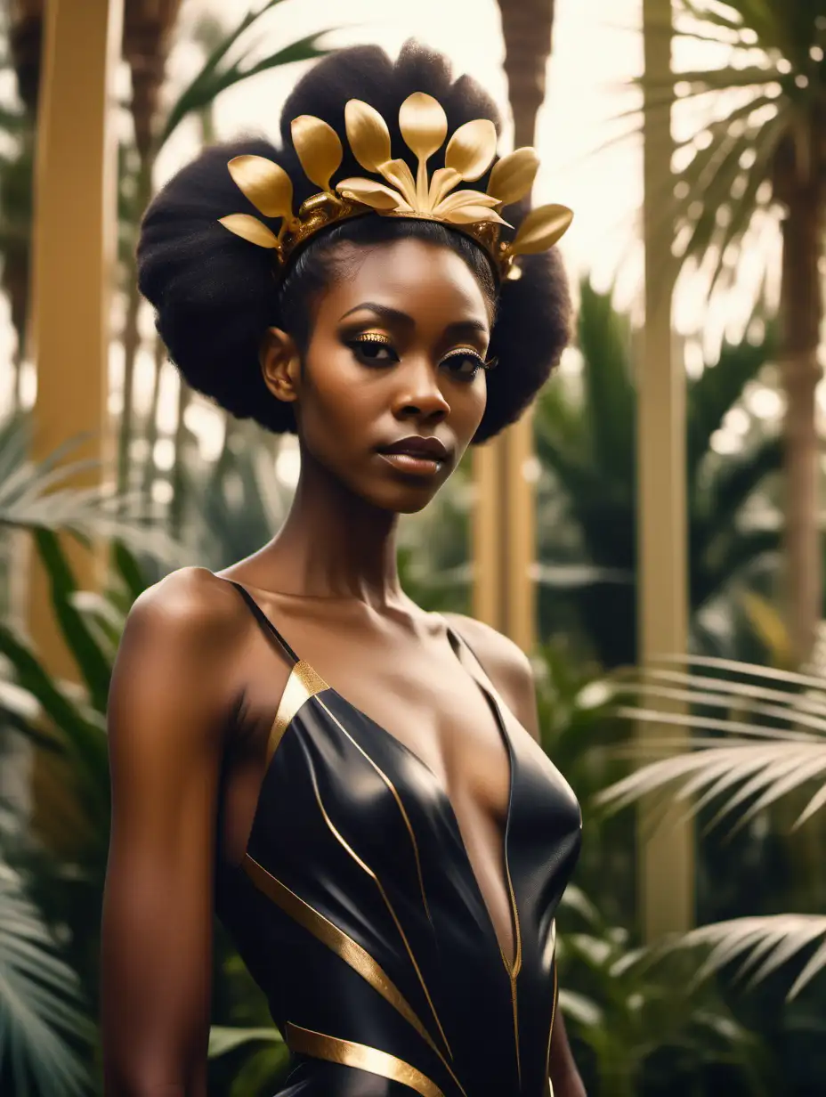 a tall black woman model, standing, close-up portrait, wearing futuristic black dress and golden orchid tiara, palm garden background, cinematic, soft light, low saturation, wes anderson color palette, photorealistic