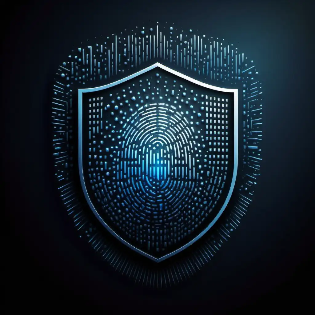 A pictorial logo resembling a shield, a fingerprint inside the shield made out of binary code