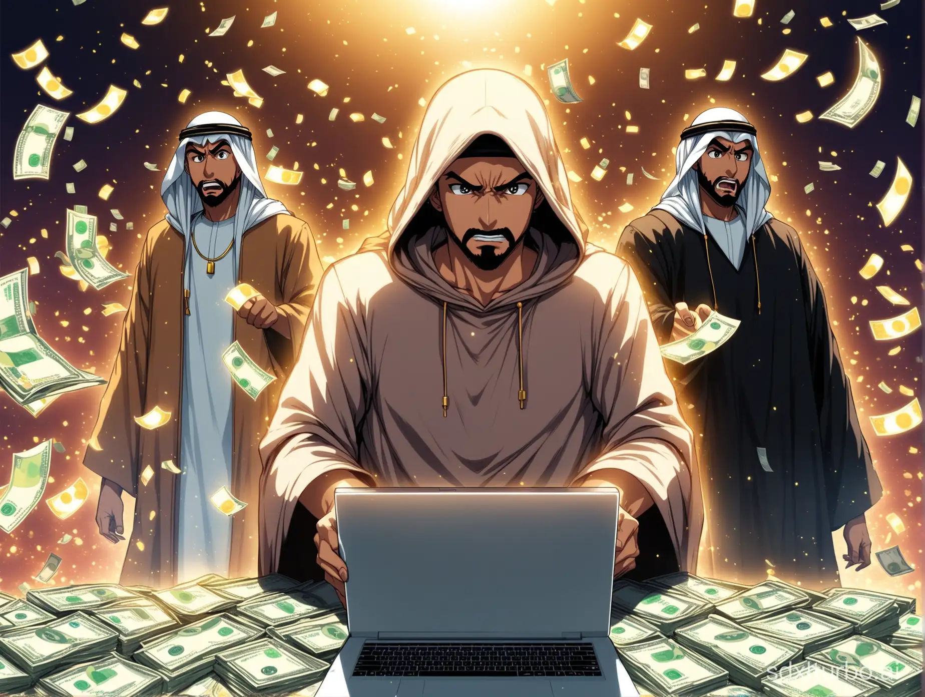 angry Arabian men scammed by (VS) a hooded scammer on laptop, money scattered anime , glowy background