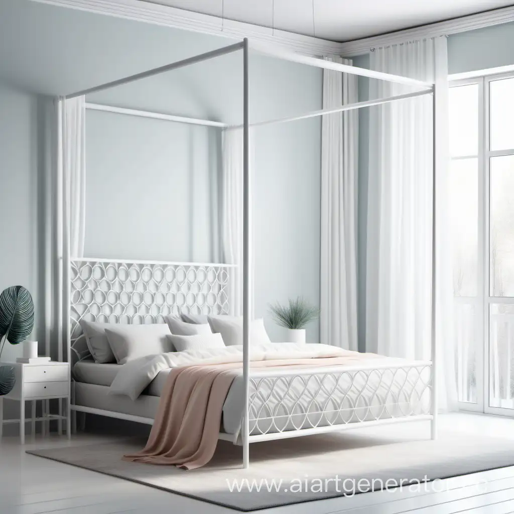 Белая кованая кровать с балдахином в интерьере в стиле модерн. Плавные, воздушные и красивые узоры с минимализмов.
узоры изготовлены из круглого прутка 12 миллиметров и 14 миллиметров. красивая пастель. 