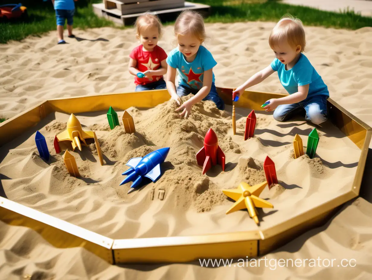 Children-Playing-with-Rocket-and-Starship-Toys-in-Sunny-Sandbox