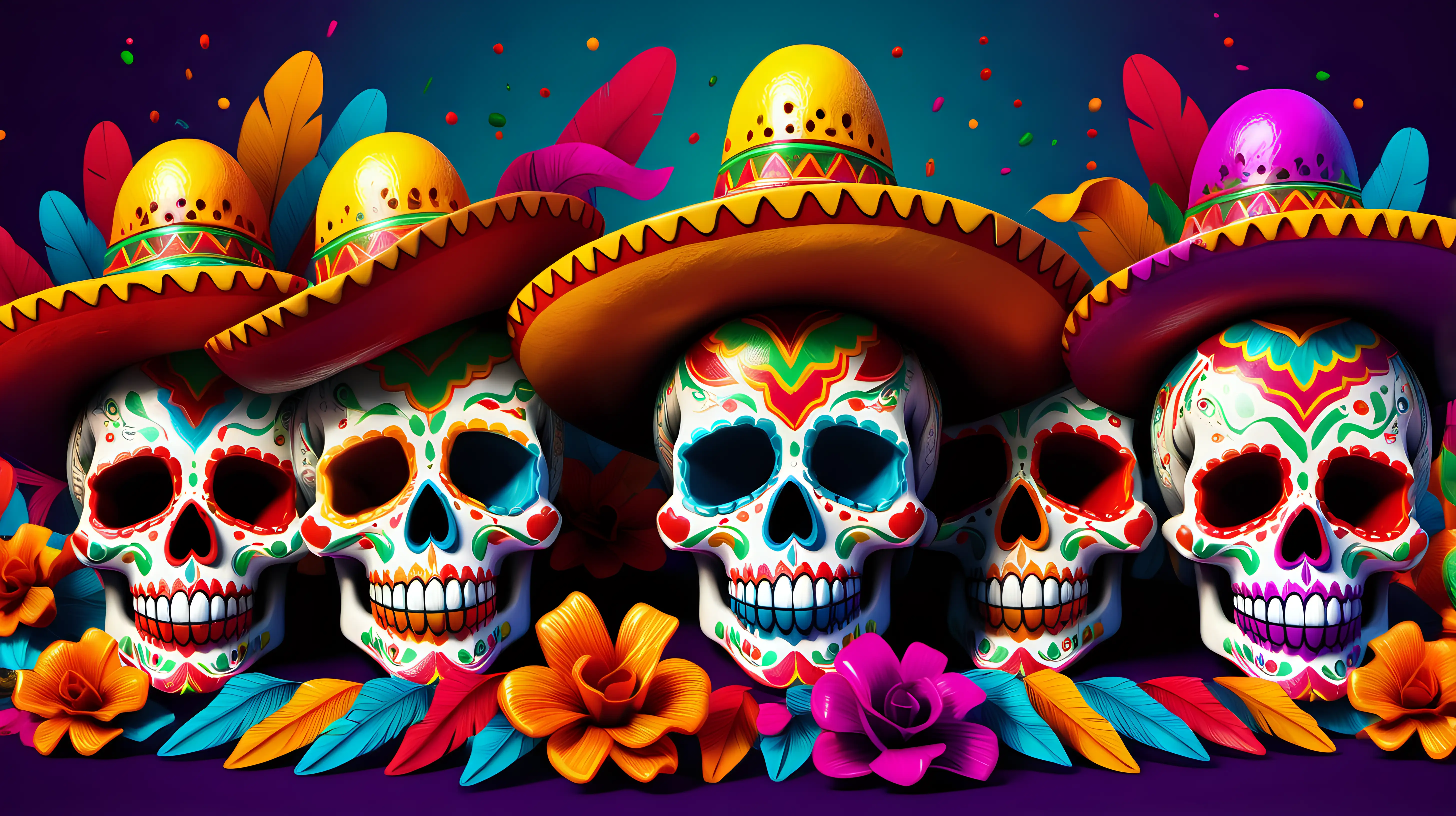 Cinco de Mayo-inspired skulls, presented in a vibrant and colorful style in a 16:9 aspect ratio