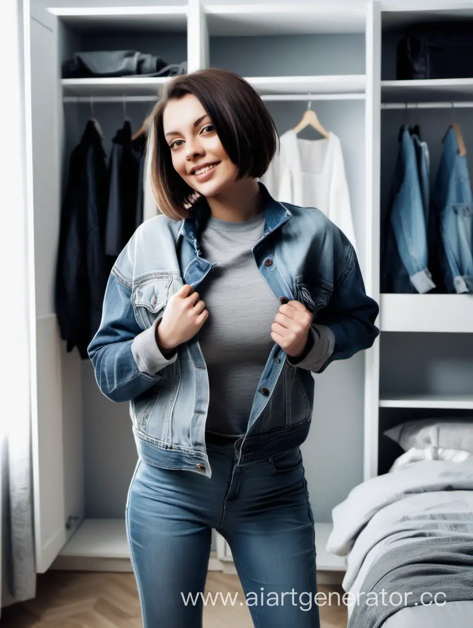 Fashionable-Woman-in-Stylish-Attire-Removing-Denim-Jacket-in-Cozy-Gray-Bedroom