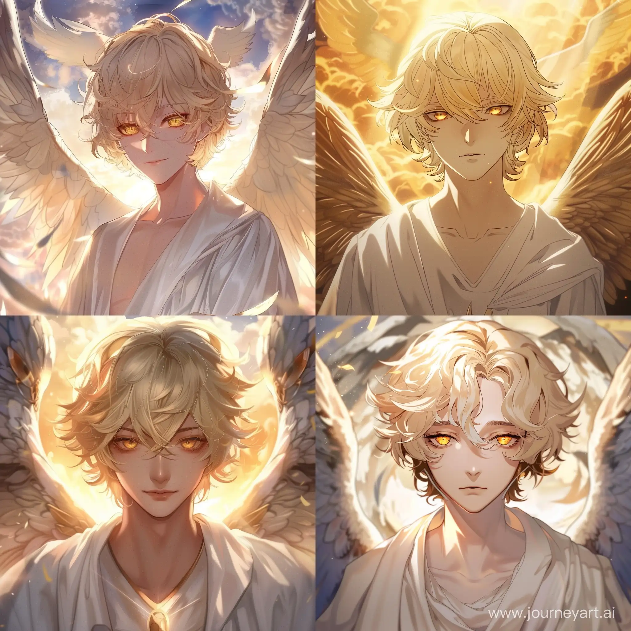 Archangel Lucifer in heaven with short blonde hair, golden eyes, in white robe in anime style