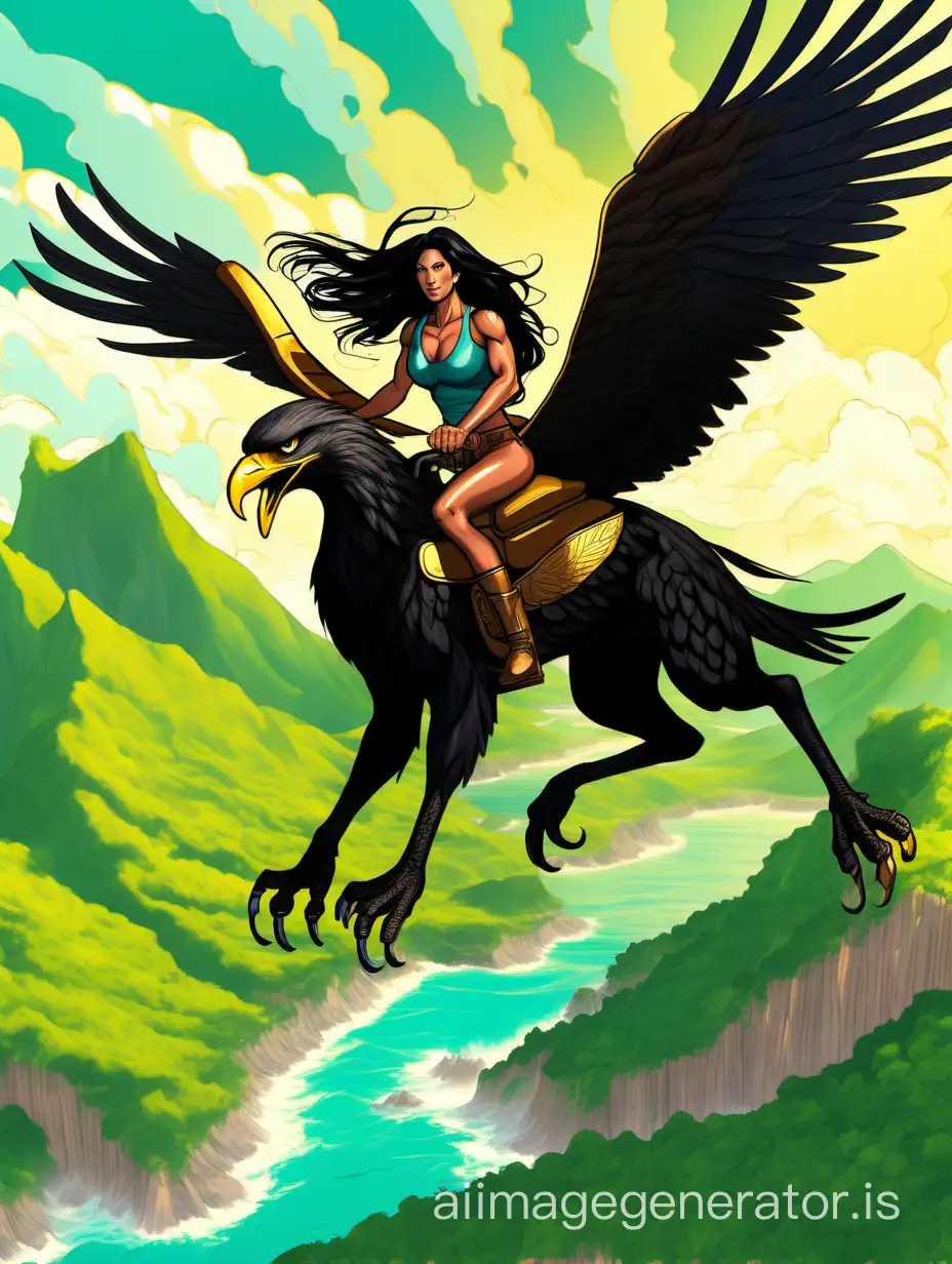 Tan tall muscular woman with long black hair riding on a giant golden eagle through the sky above lush green landscape and ocean