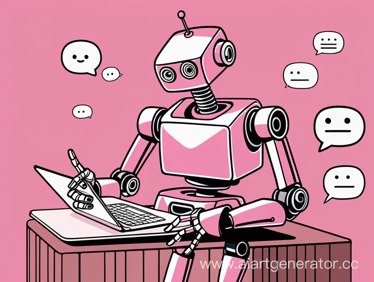 робот ищет горячие лиды в телеграм на конвейере сообщений, нарисуй в мультяшном виде и розовом оттенке