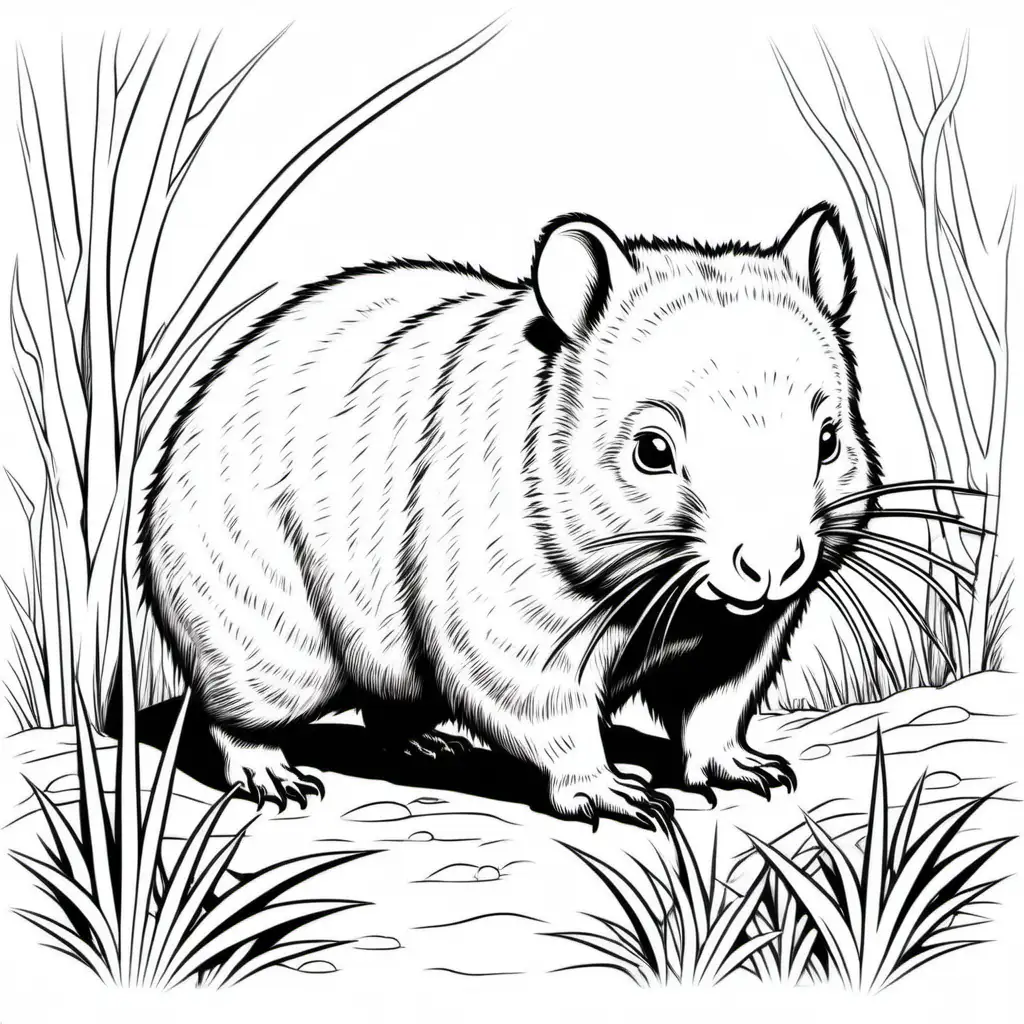 wombat image, childrens colouring book, stencil, no background, fine lines, black and white, friendly cartoon