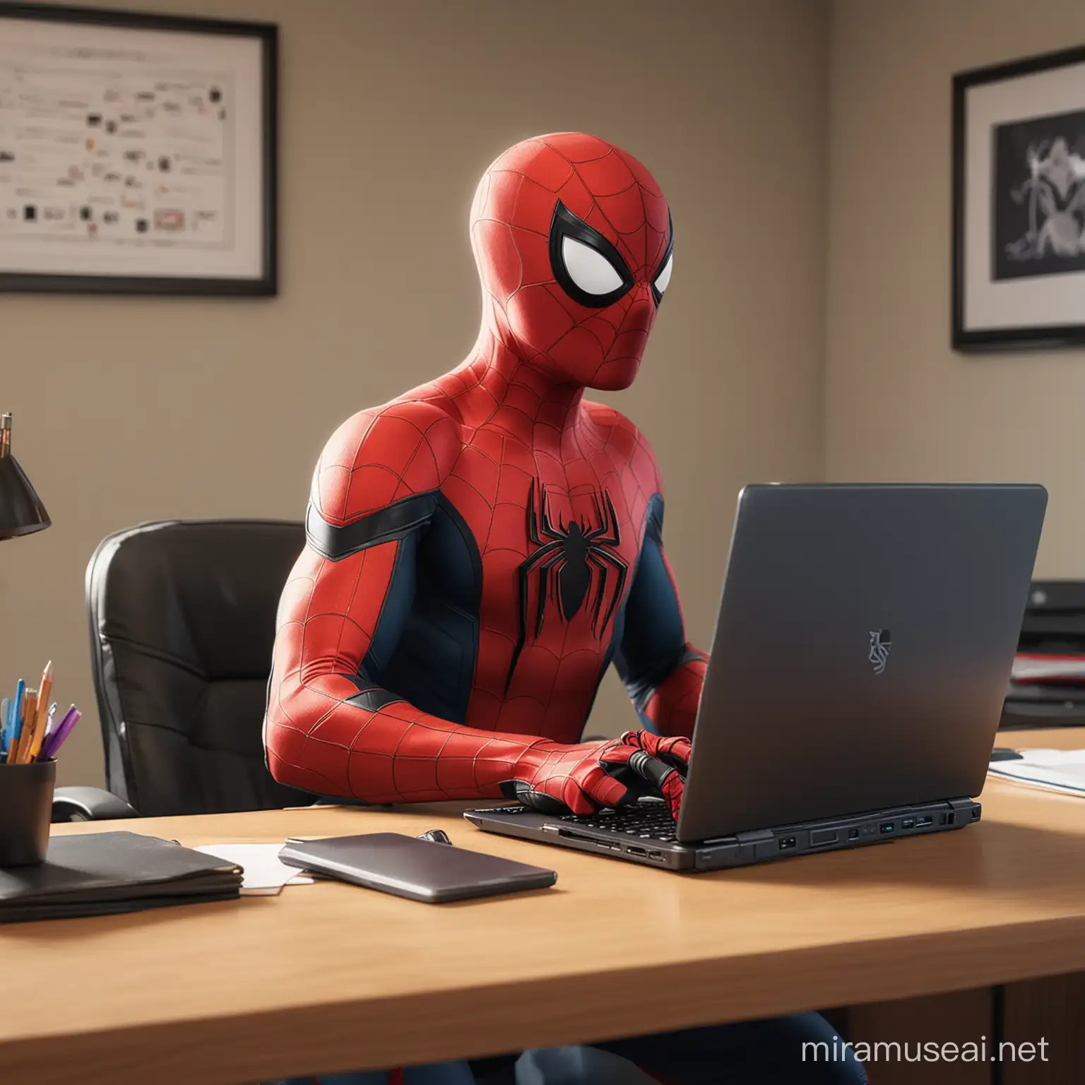 cartoon spider-man, wearing the animated series suit, sitting alone in a private room at a desk typing on a laptop, front view