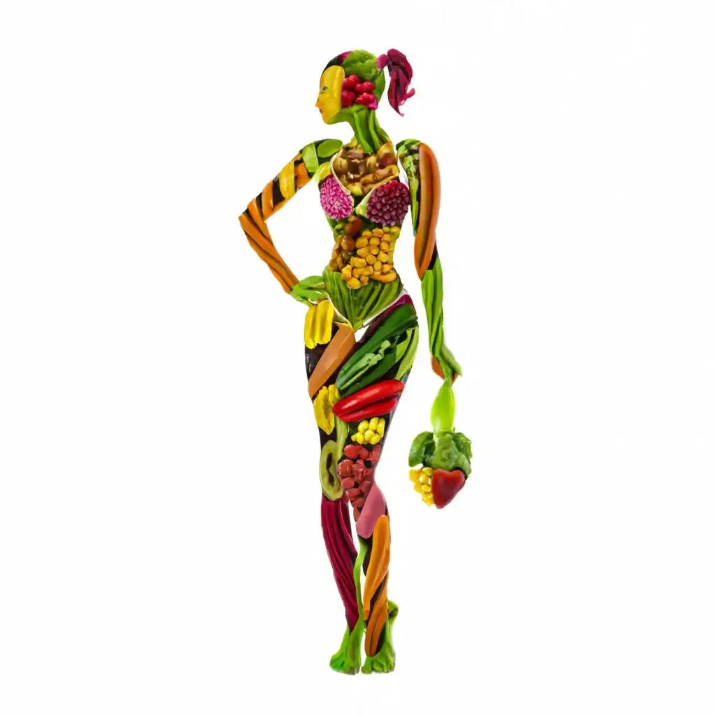 silhouette of a slender girl in a sexy pose made from fruits and vegetables
