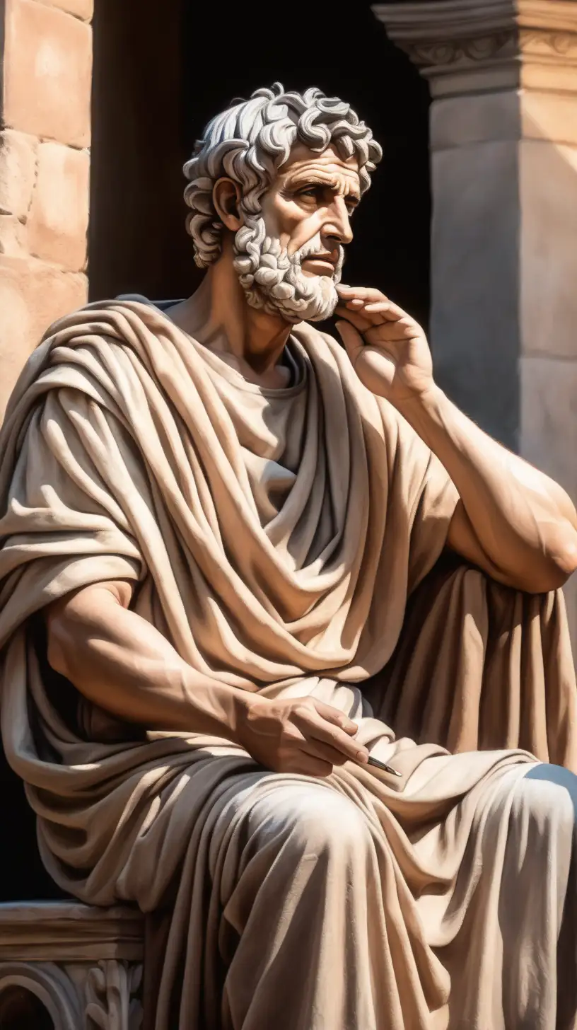 create a realistic image of a stoic philosopher, lifelike skin textures, having a discussion in the courtyards in the Ancient Rome, in a color painting style