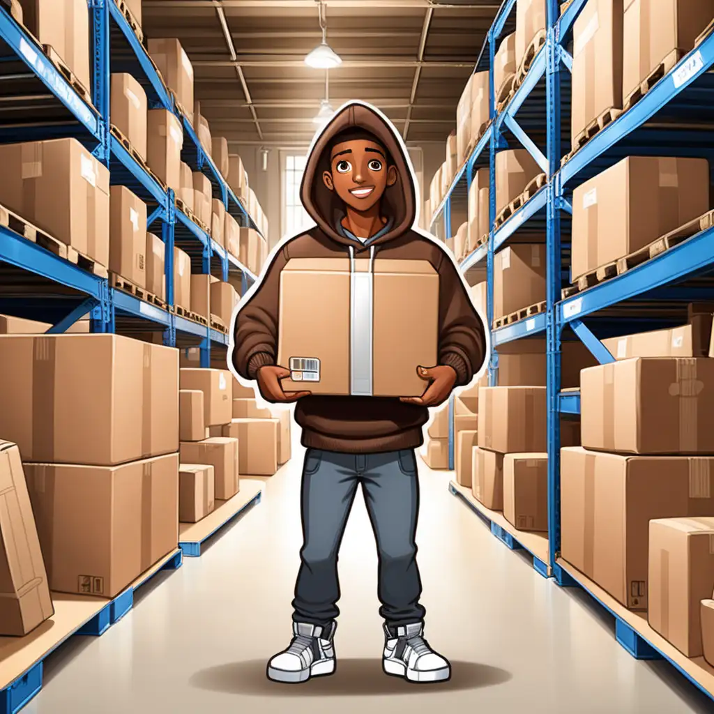 Cartoon, full body, brown skin guy with a hoodie , a  open box on his hands with tradable items, front view,  inside a warehouse full of boxes