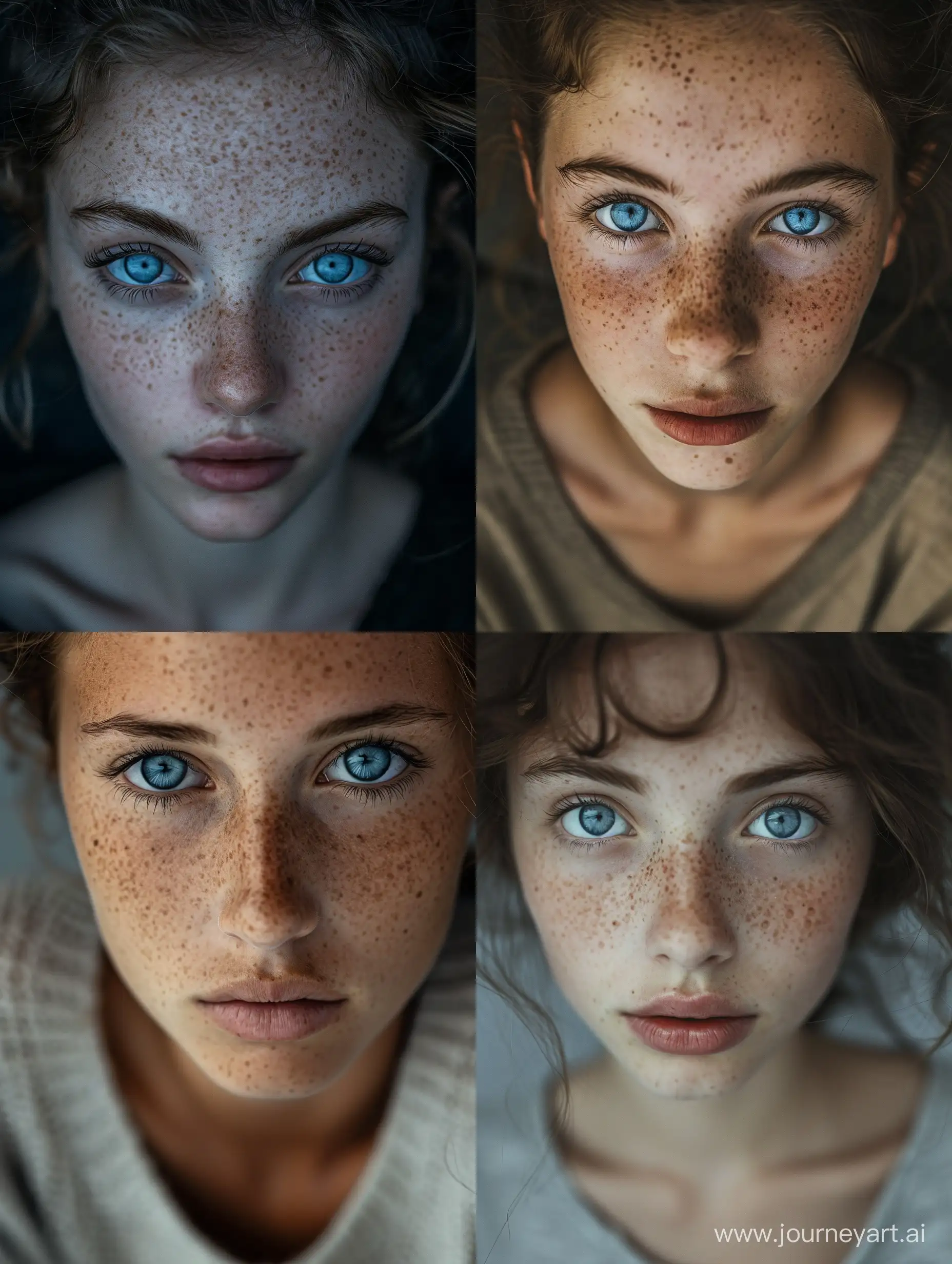 A young woman with blue eyes and freckles on her face stares into the camera.midjourney style.