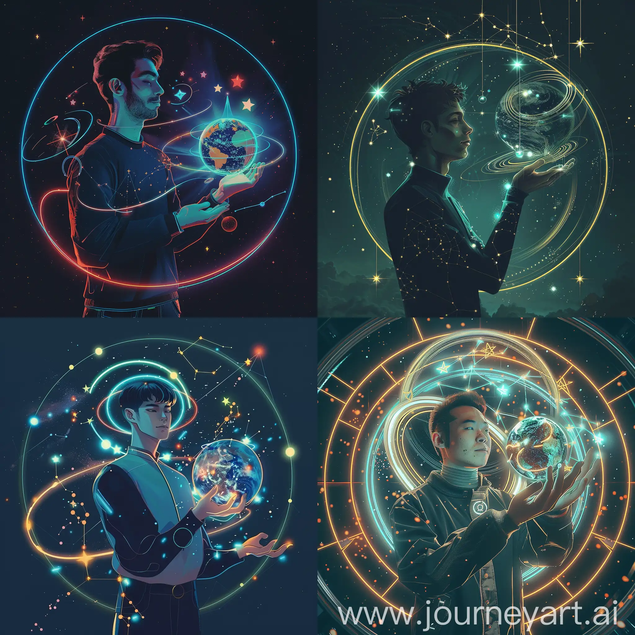 Futuristic-Man-Holding-Earth-and-Stars-with-Glowing-Orbits