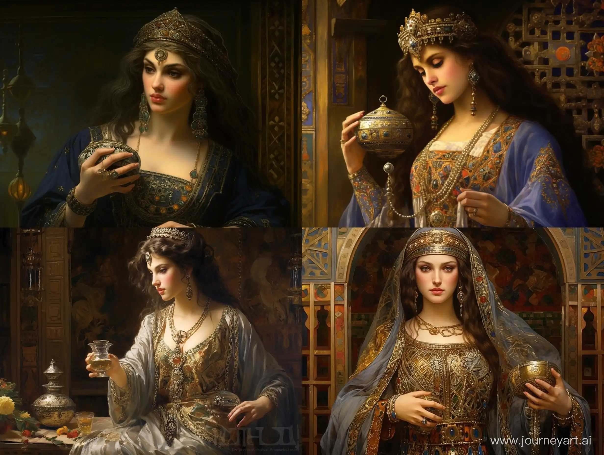 Женщина 8 век, красиво, детально, реалистично,  наряды,  одежда Того времени, держит в руках парфюм!