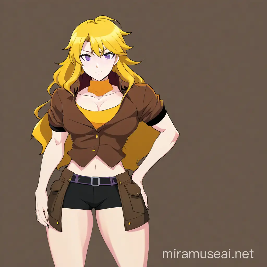Confident Anime Style Yang Xiao Long Poses in Brown Jacket and Black Shorts
