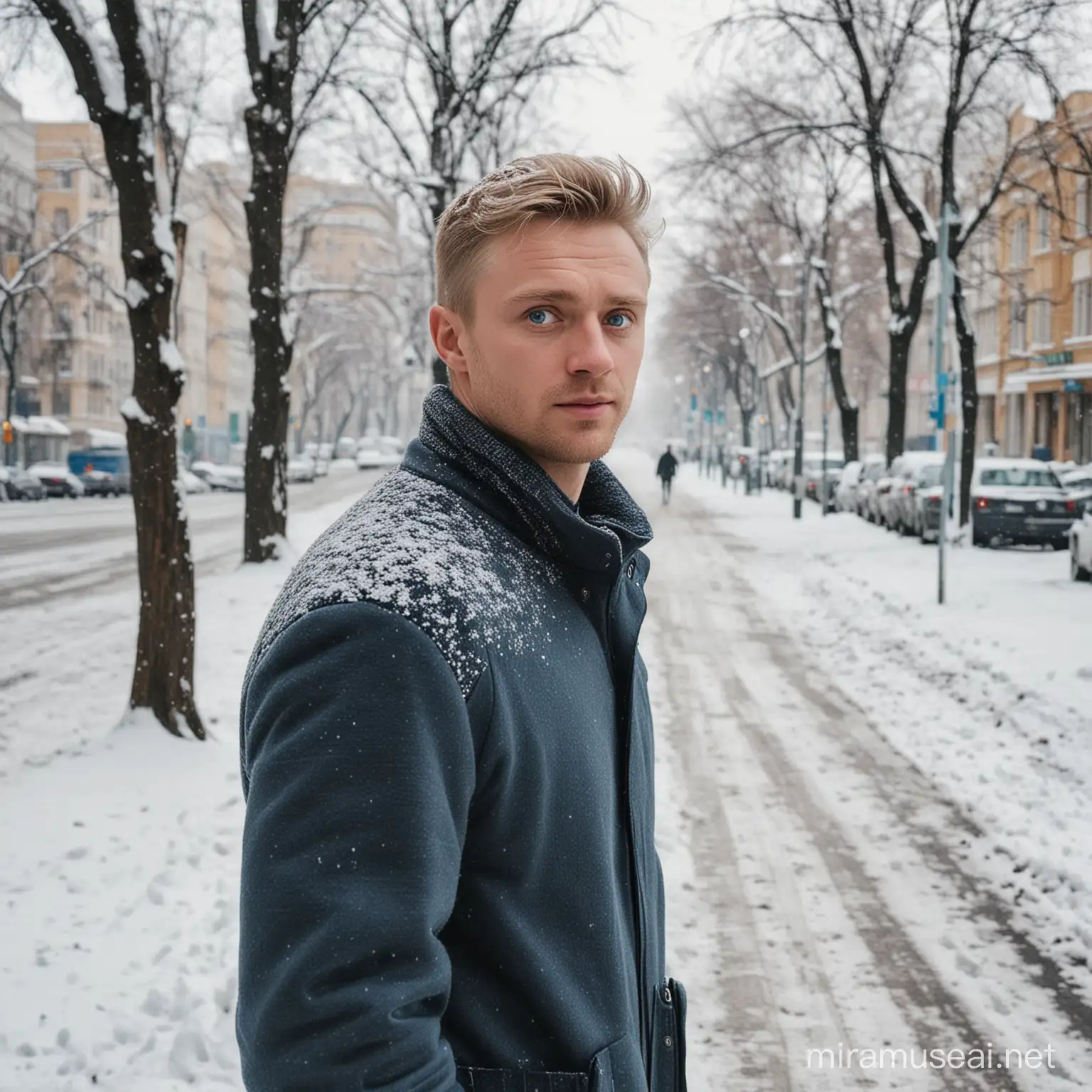 Man Walking on Snowy Moscow Street