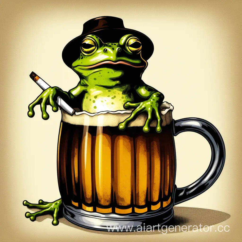A frog in a beer mug with a cigarette in his mouth and a press on his stomach