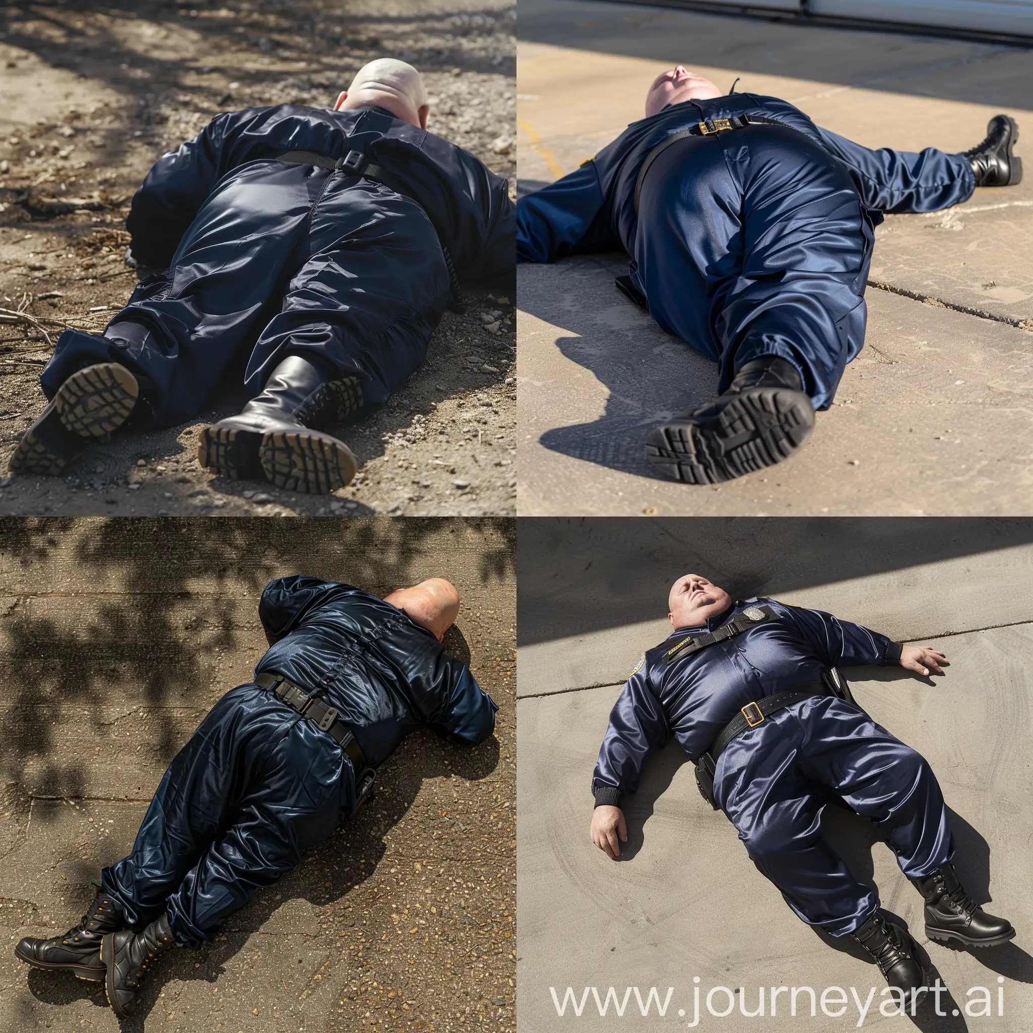 Photo of a fat man aged 60 wearing a silk navy security guard skinny-fitted full coverall tucked in black tactical boots. Black tactical belt. Lying face down completely flat on the ground. Outside. Bald. Clean Shaven. Natural light.