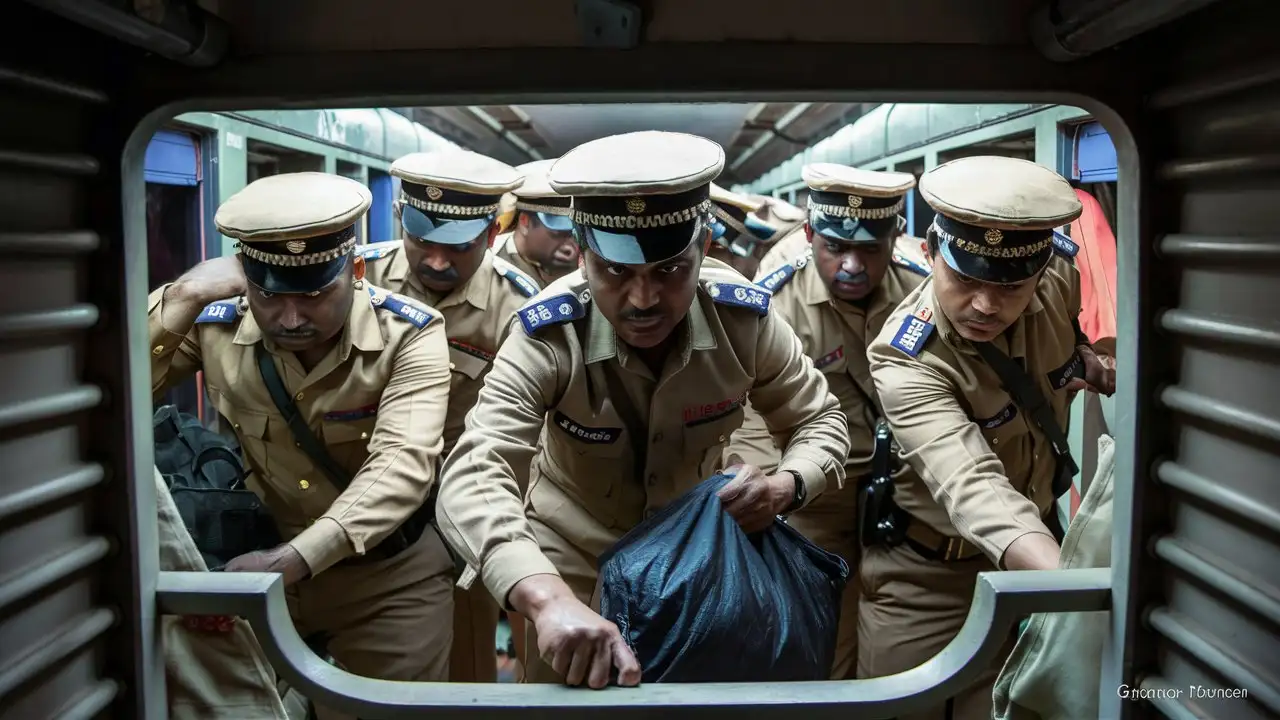 Indian Police Searching Train Coach with Khakee Dress