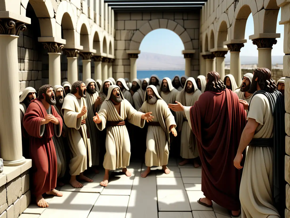 Много злых людей (фарисеи) разгневались на Иисуса. Это было в доме где было много других людей.  Это было 2000 лет назад в Капернауме.
