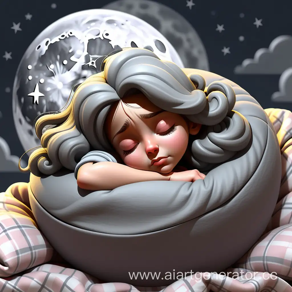 логотип на весь фон полная серая луна на этом фоне девушка спит свернувшись калачиком в пижаме