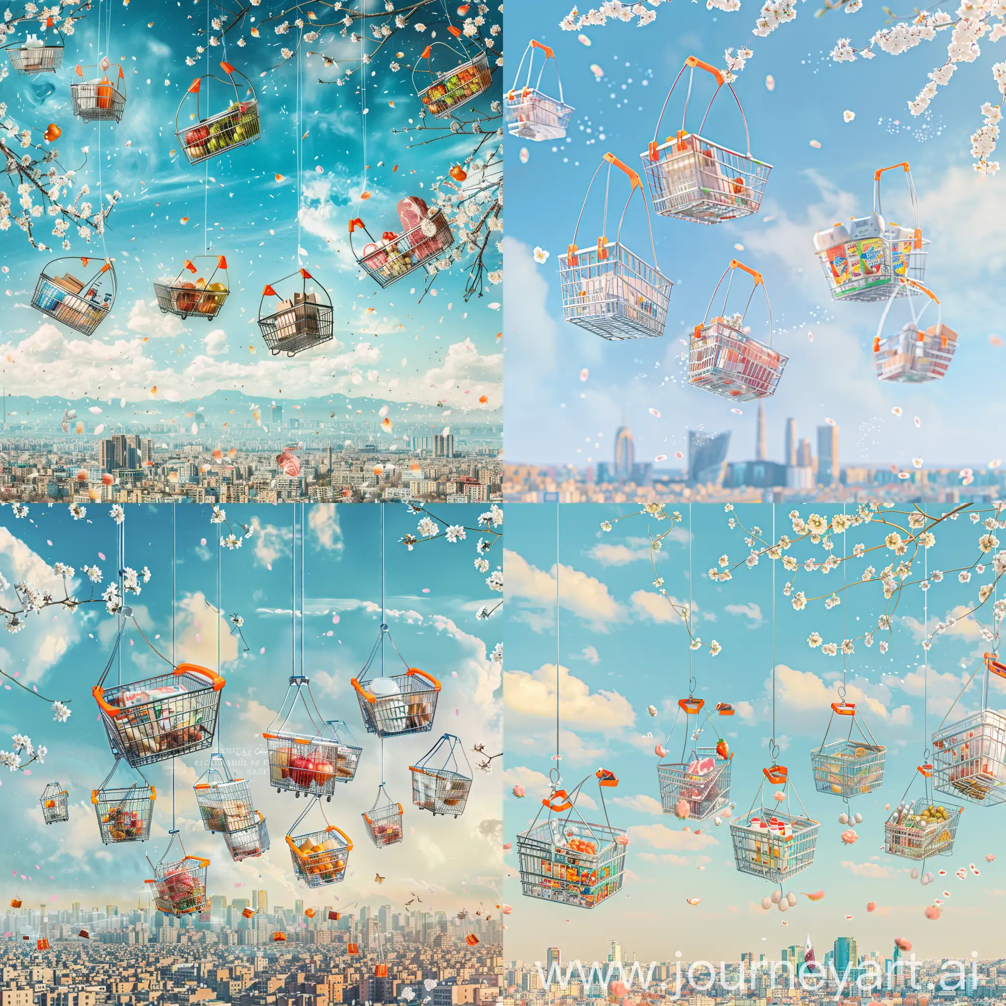 Spring-Sky-Banner-Tehran-Cityscape-with-Flying-Shopping-Baskets-and-Fresh-Produce