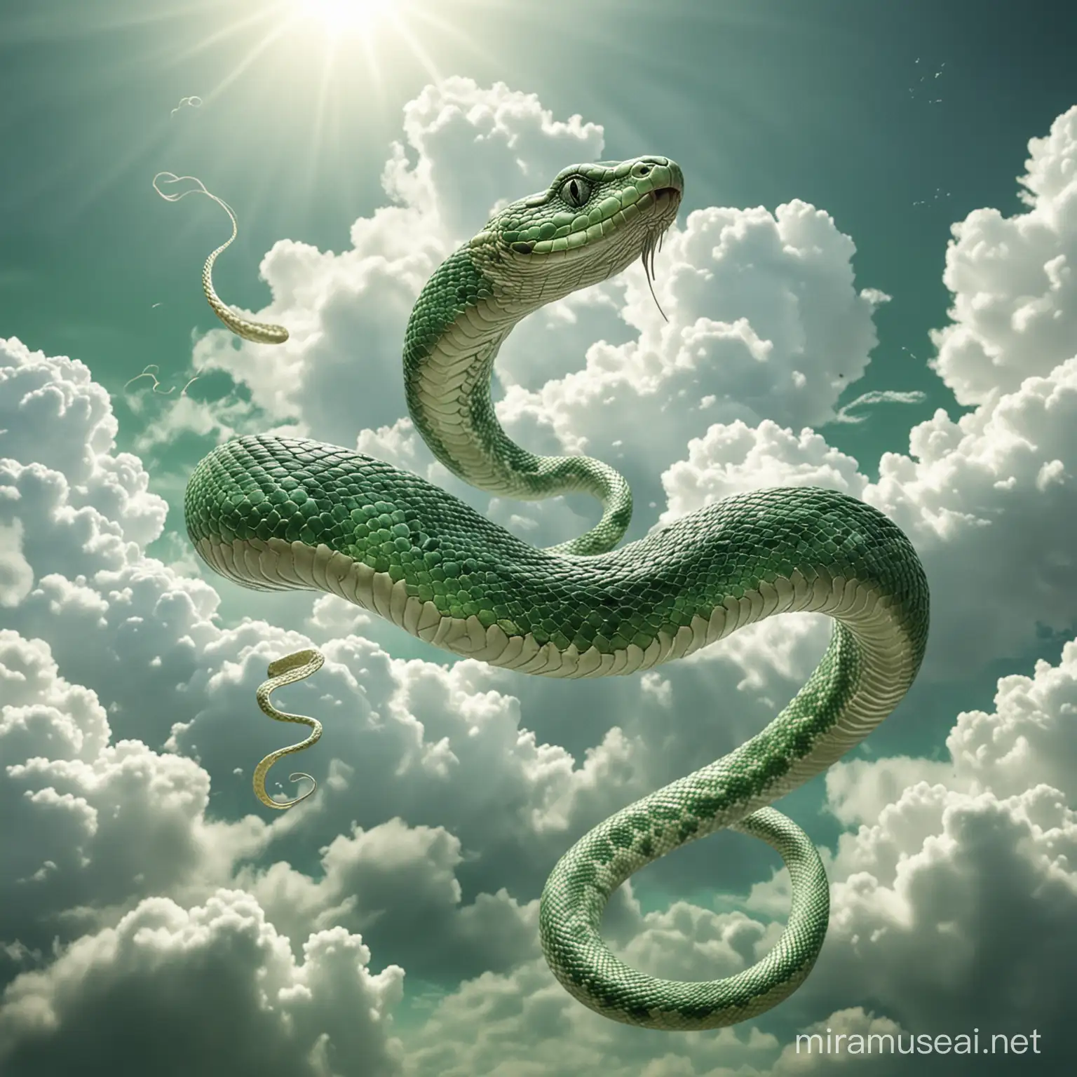 A lovely snake leaps in the air, light white light green, Chinese snake, auspicious clouds, emerald texture, realistic details, a lovely snake leaps in the air, light white light green, auspicious clouds, emerald texture, real details, withdrawn, indifferent, rebellious, unyielding, cynical, Chinese fairy tale, China-Chic style, super real, CG film, cinematic sense