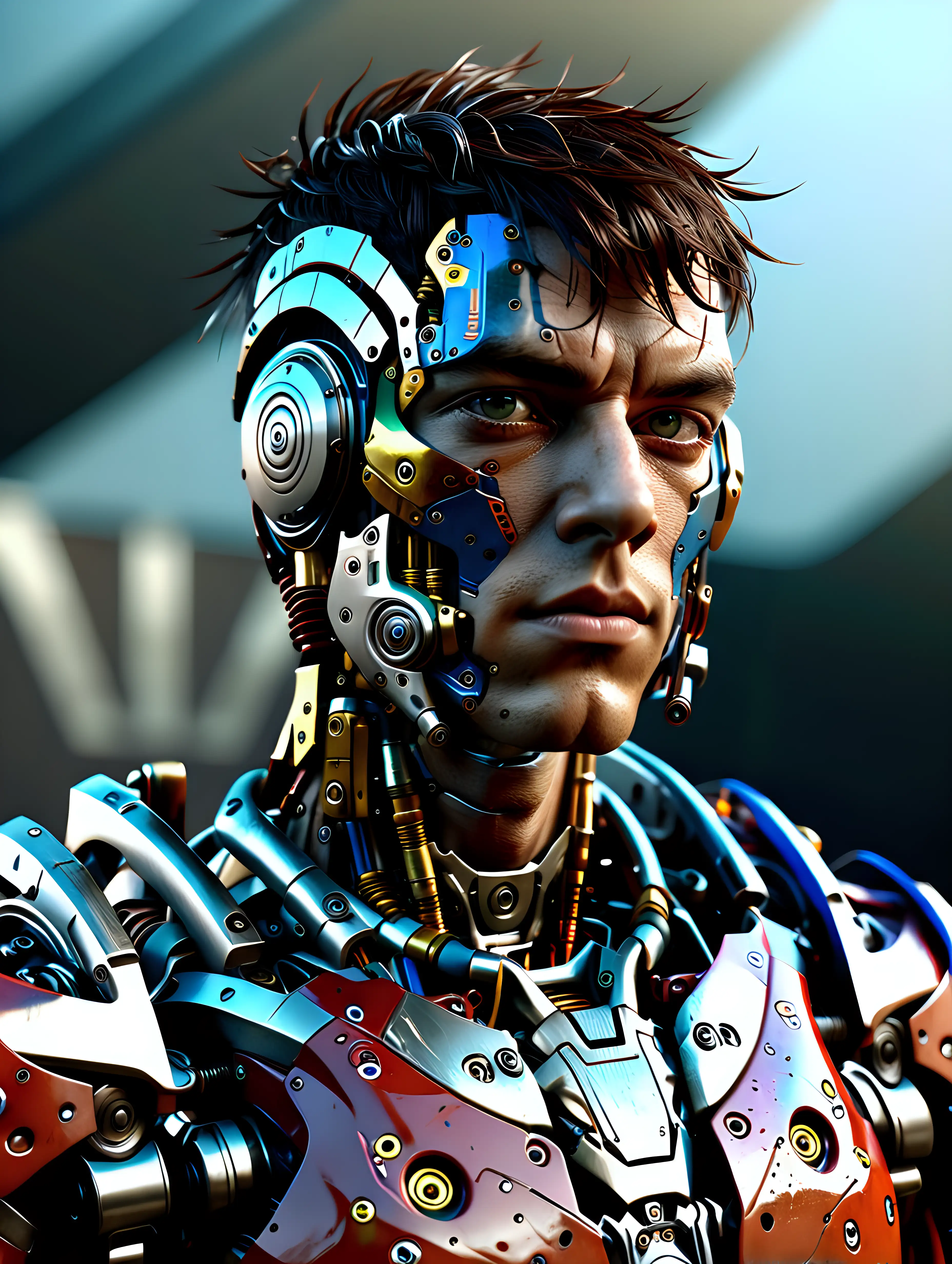 Advanced Cyborg European male-teenager Warrior, Mixed Materials, Chaotic, Ceramic and Metal Materials, Colorful, Front View, POV, Symetrical, Ultra Realistic, High Extraordinary, Ultra Sharp, Award Winning Photography, Perfection, 64K, HD, Cinematography, Photorealistic, Epic Composition Unreal Engine, Exquisite Details, Intricate Cinematic, Color Grading, Ultra-Wide Angle, Depth of Field, Hyper-Detailed, Hyper-Realistic, Beautifully Colored, Insane Detail,