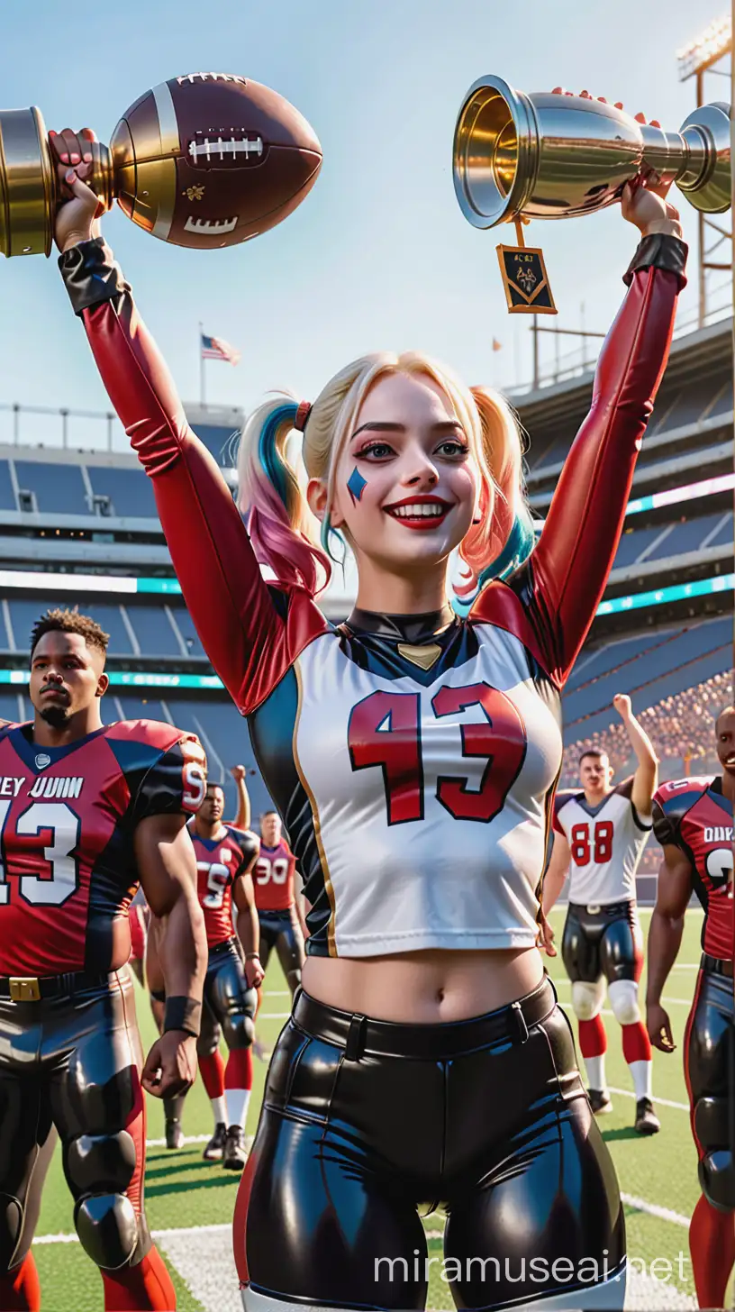 Harley Quinn as a football player lifting her first trophy with her teammates 