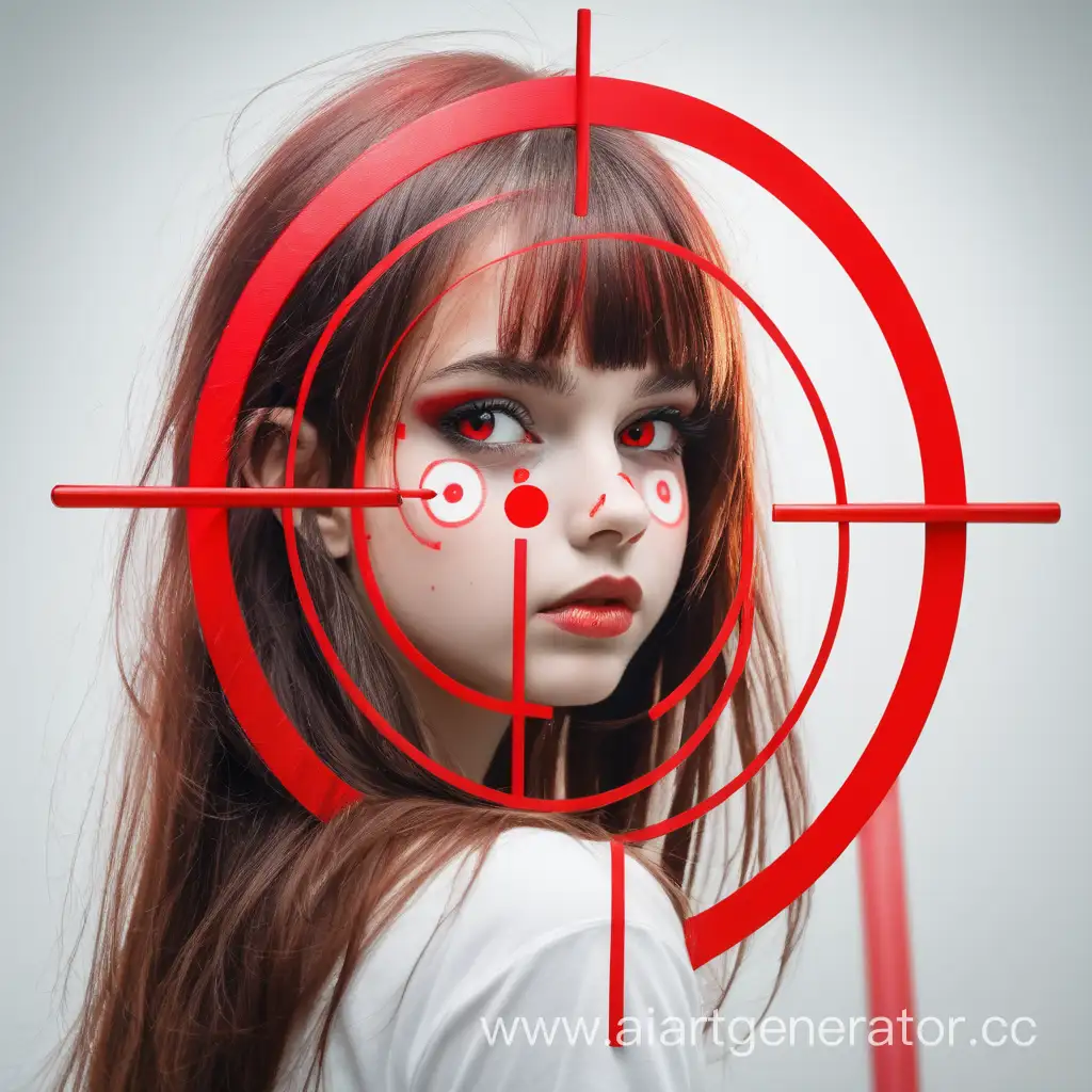 beautiful girl with a red target aimed at her face looks straight