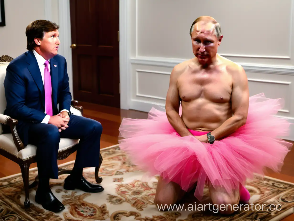 Tucker Carlson standing on a rug wearing a pink tutu, Putin sitting in a chair watching him.