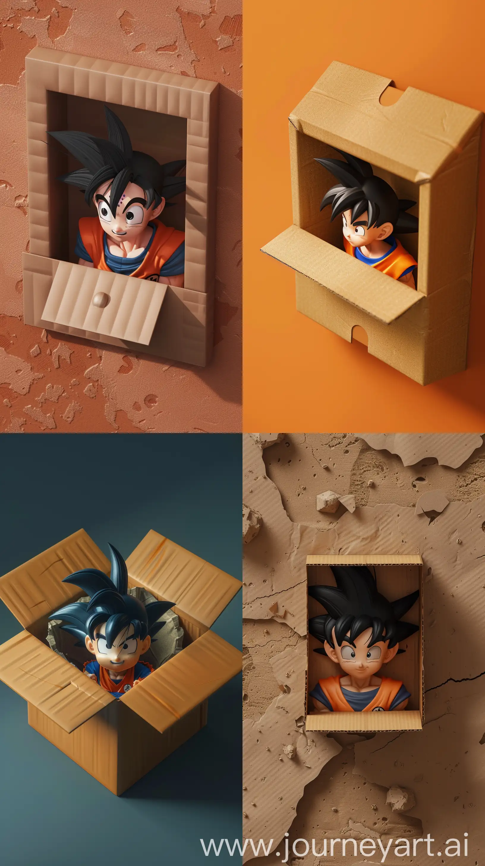 A isometric 3D rendered image of a cardboard box with Son Goku from Dragon Ball inside, framed by the edges of the box so it appears the character is peering out of the box like a window onto a desktop wallpaper or phone background. Include detailed textures on the cardboard and photorealistic rendering of the character. Composition emphasizes a sense of depth and realism within the dimensional borders of the box frame. --ar 9:16