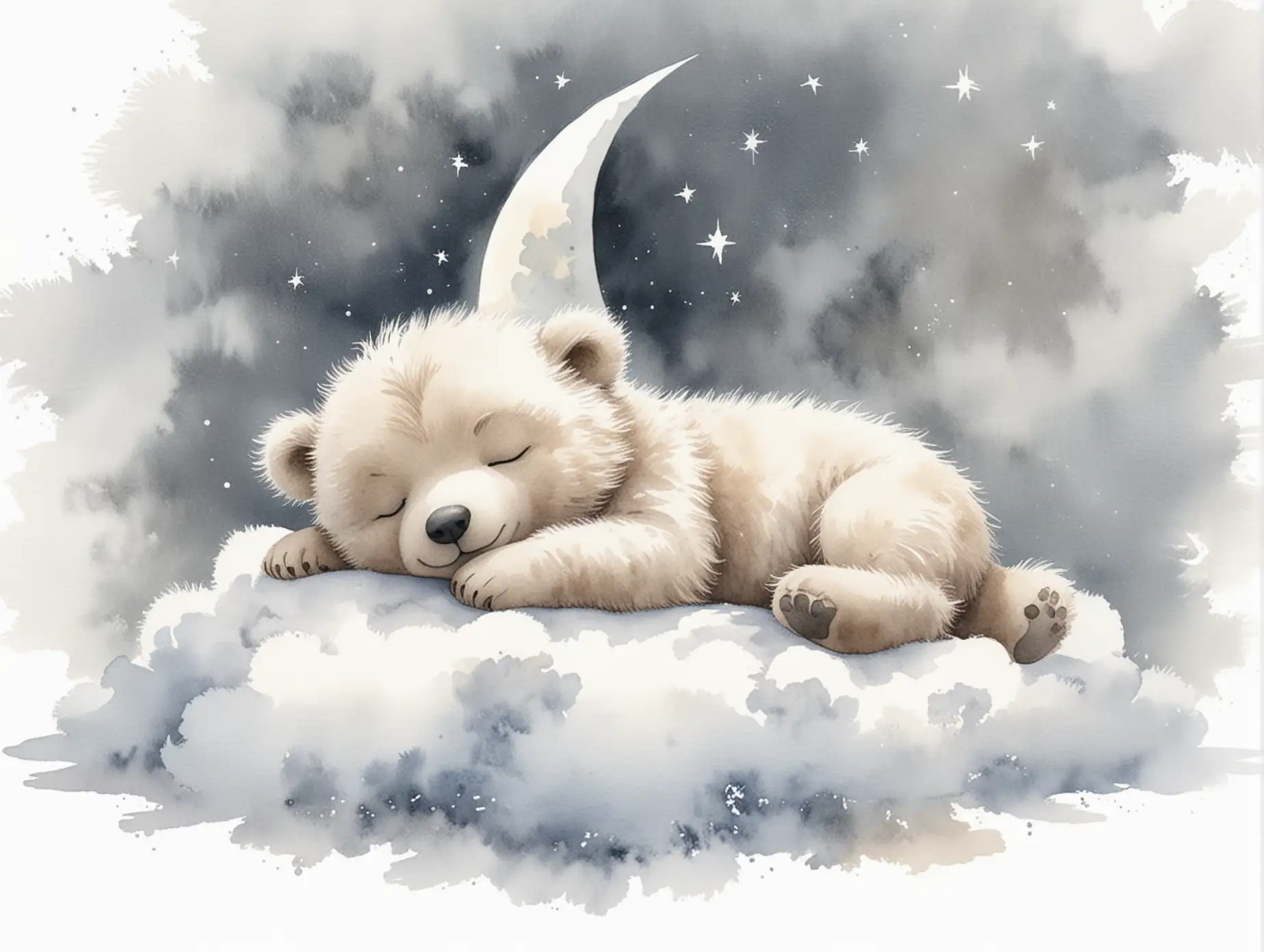 watercolour children's book illustration, muted tones, cute grey-beige little baby teddy bear, sleeping against a cresent moon, bottom resting on a snow white fluffy cloud, isolated on a solid white background