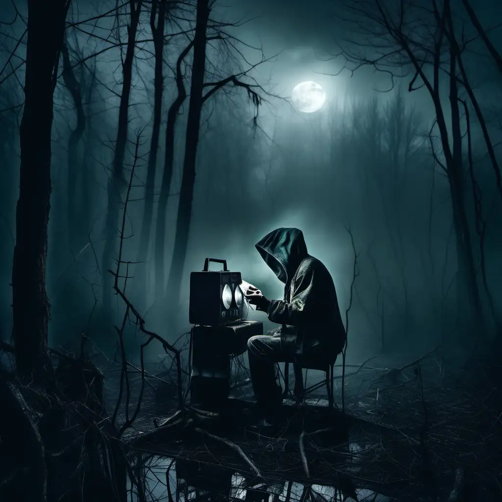 w starym ciemnym lesie na bagnach mężczyzna w kapturze obsługuje starą radiostację, mgła i dym, księżyc, atmosfera horroru