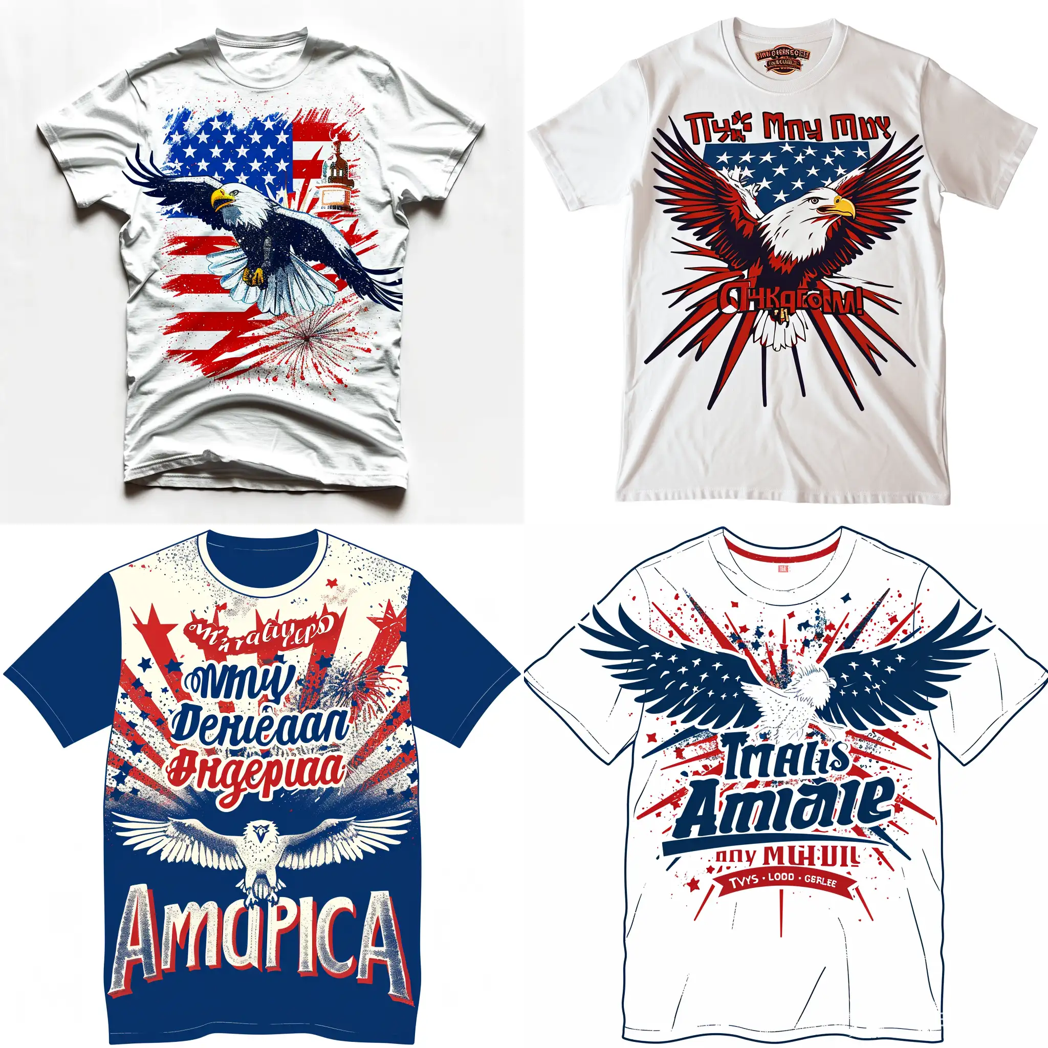 Action: Generate a t-shirt to ensures that the t-shirt design is patriotic, respectful, and appealing, capturing the essence of American pride in a wearable form. 

Patriotic Slogan: Eagles Soaring, Fireworks Roaring – That's My America!

Color Scheme: Stick to the traditional colors of the American flag: red, white, and blue. 

Typography: Select a font that is bold and legible, possibly with a traditional touch. Ensure the font complements the overall design without overpowering it. The text should be easily readable from a distance. Experiment with fonts and placements to ensure your message stands out. 

Additional Graphics: Subtly include other patriotic symbols like a silhouette of the Bald Eagle or a small Liberty Bell. Place these additional elements in a way that supports the main design.

Humor and Puns: Use Funny or clever puns that can be effective, especially they resonate with a targeted audience.

Background: Pure white background.