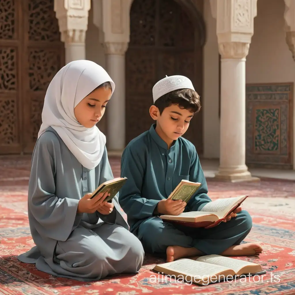 boy and girl reading quran at  madrasa