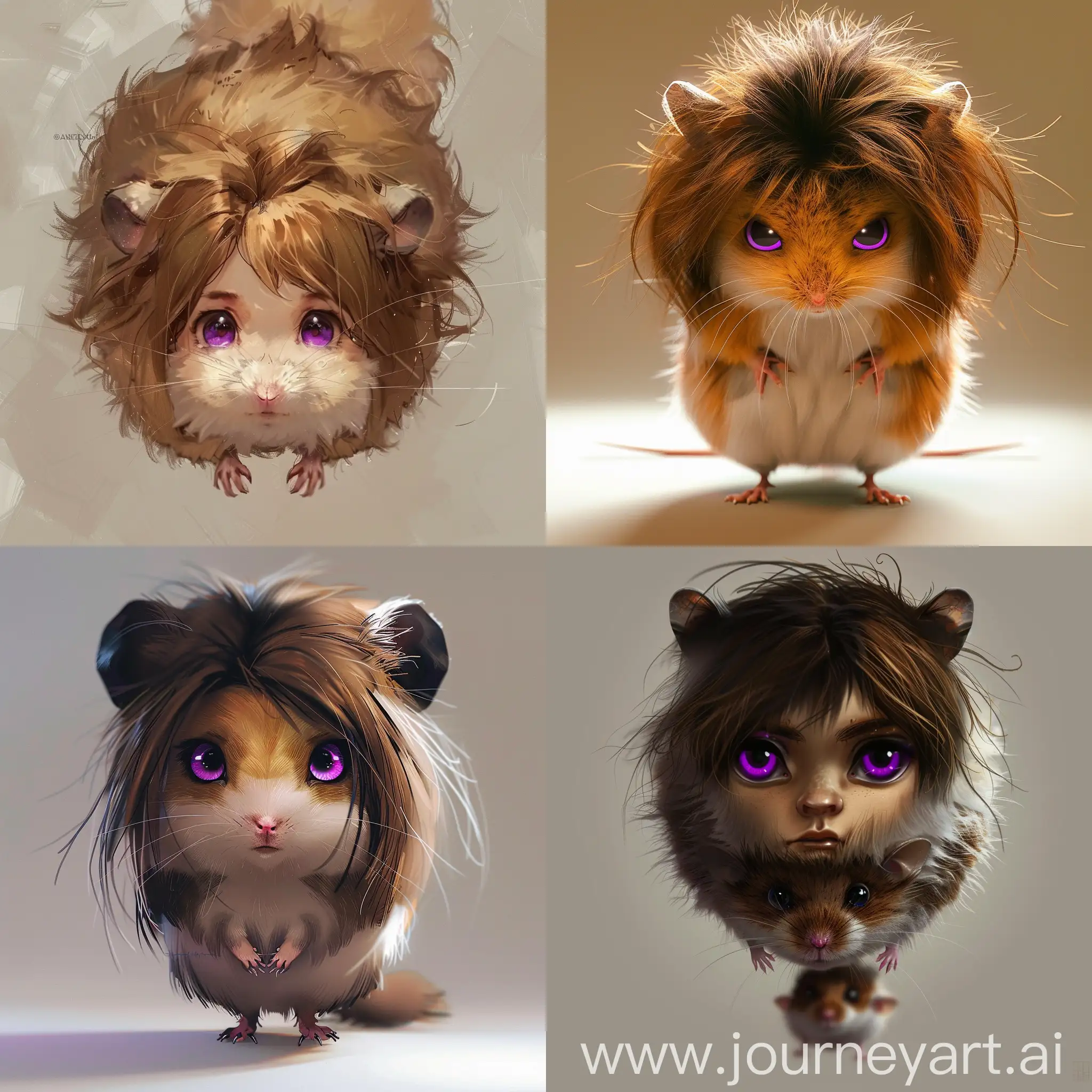 Prompt: Generate an AI image of a fantastical creature merging the features of a hamster and a human girl. The creature should have the lower body of a hamster, complete with fluffy tail, while the upper body should resemble that of a human girl, with brown hair and piercing purple eyes.