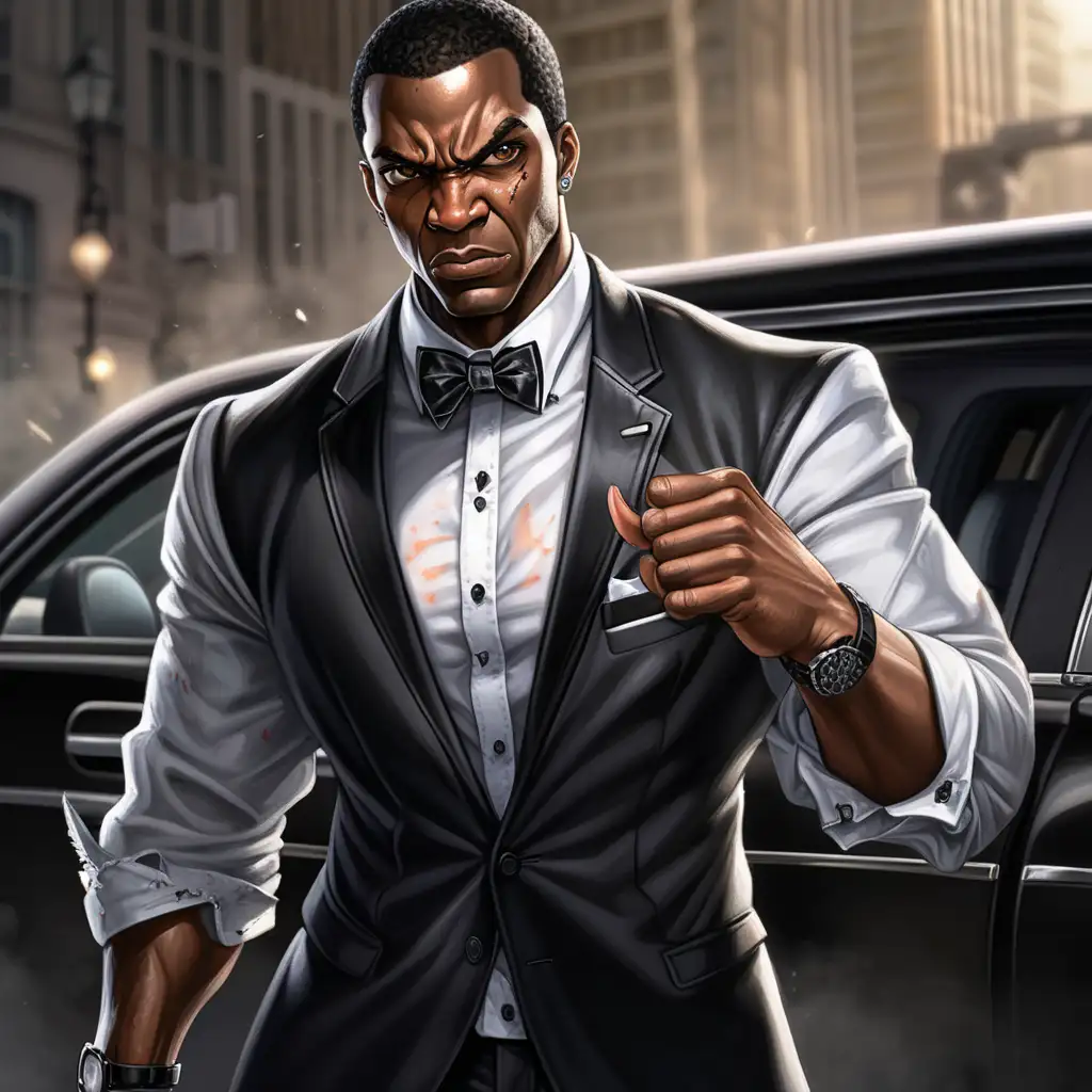 Black Male Limo Driver with a black blazer and white button up shirt with a bowtie and with ripped sleeves he has a lean physique and anger in his eyes looks like he is ready to take on whatever stands in his way  